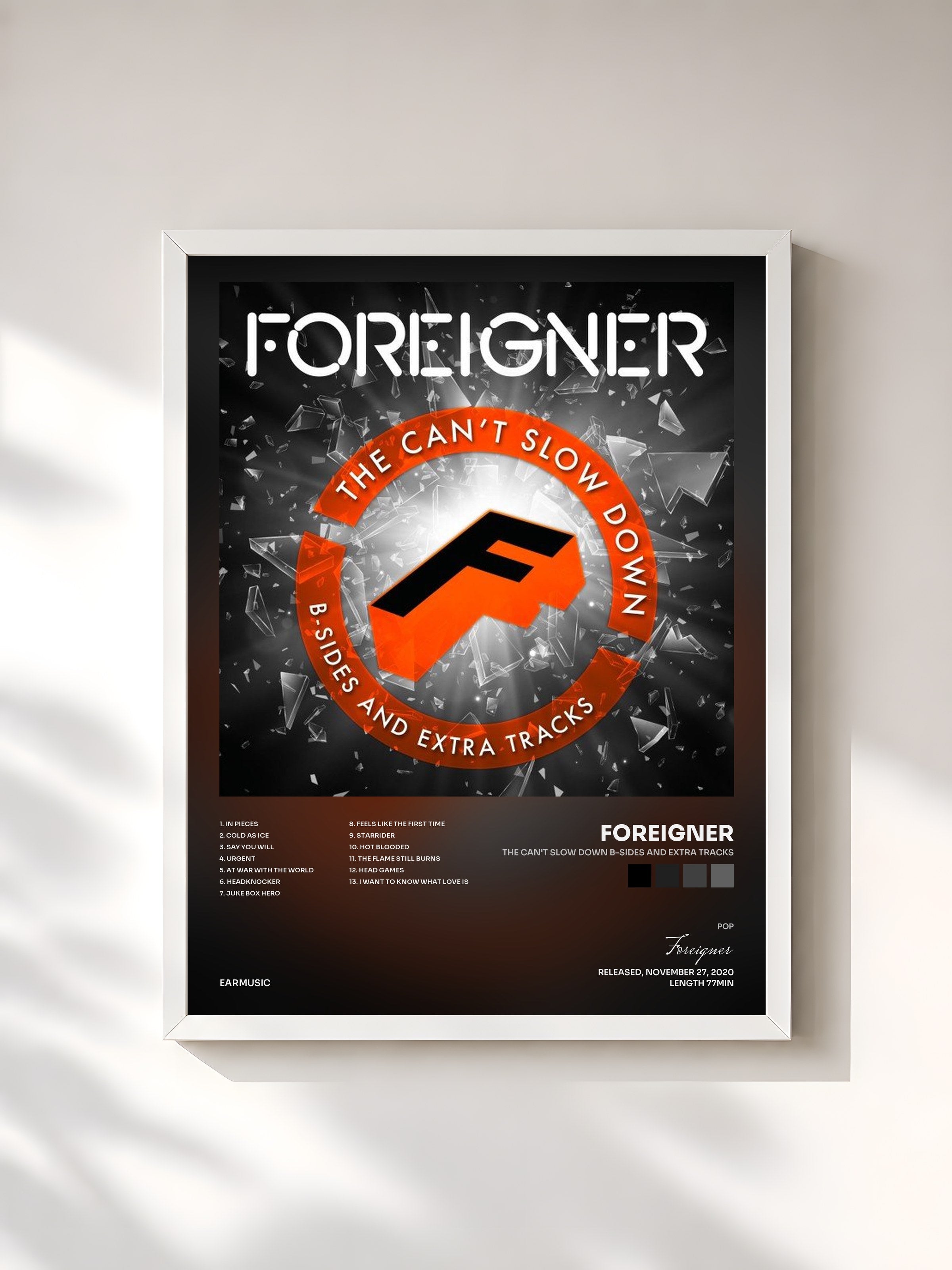 #blanc Tableau de l'album The Can't Slow Down B-Sides and Extra Tracks de Foreigner, cadre blanc, imprimé et encadré en France