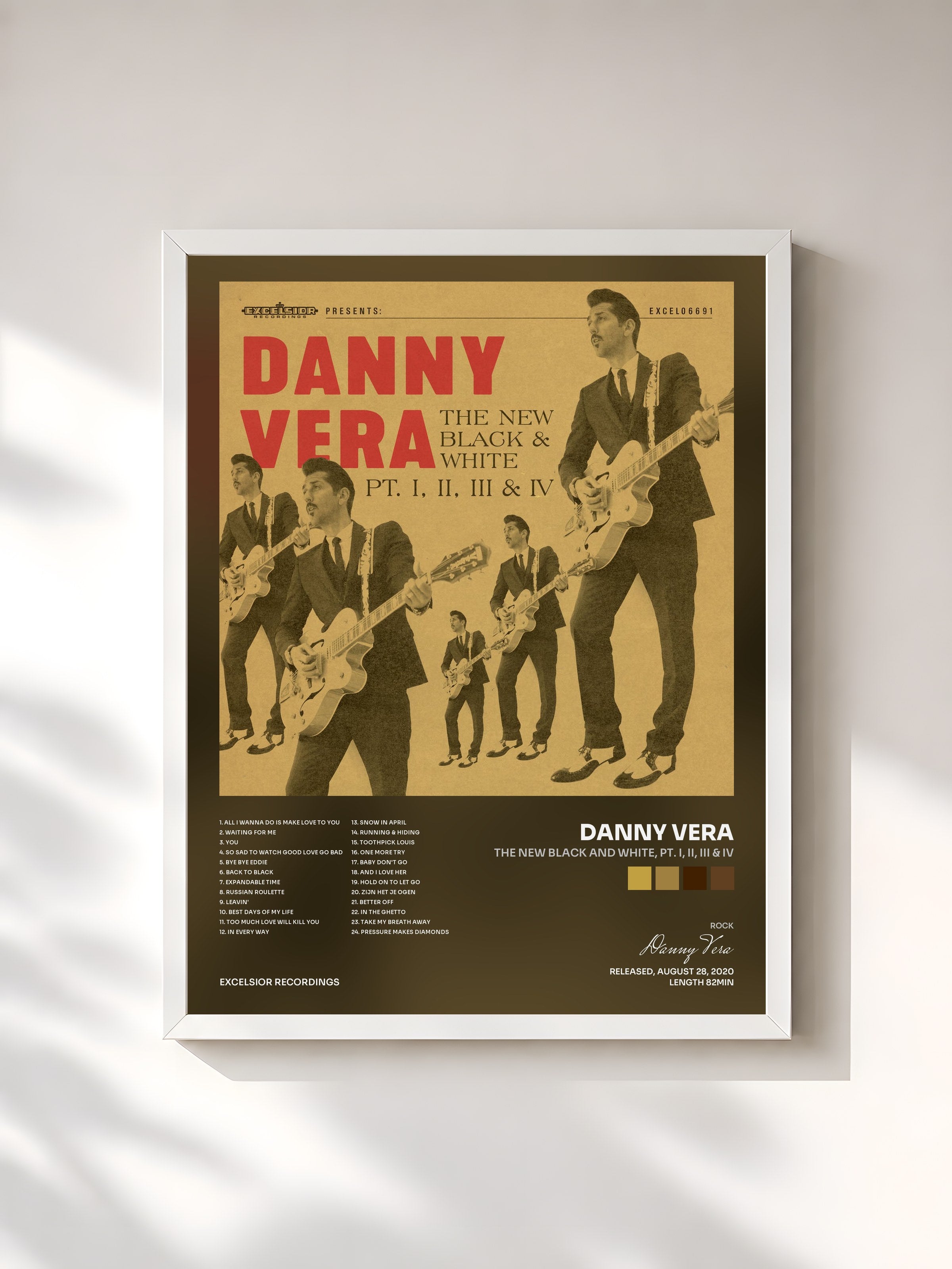 #blanc Tableau de l'album The New Black and White, Pt. I, II, III & IV de Danny Vera, cadre blanc, imprimé et encadré en France