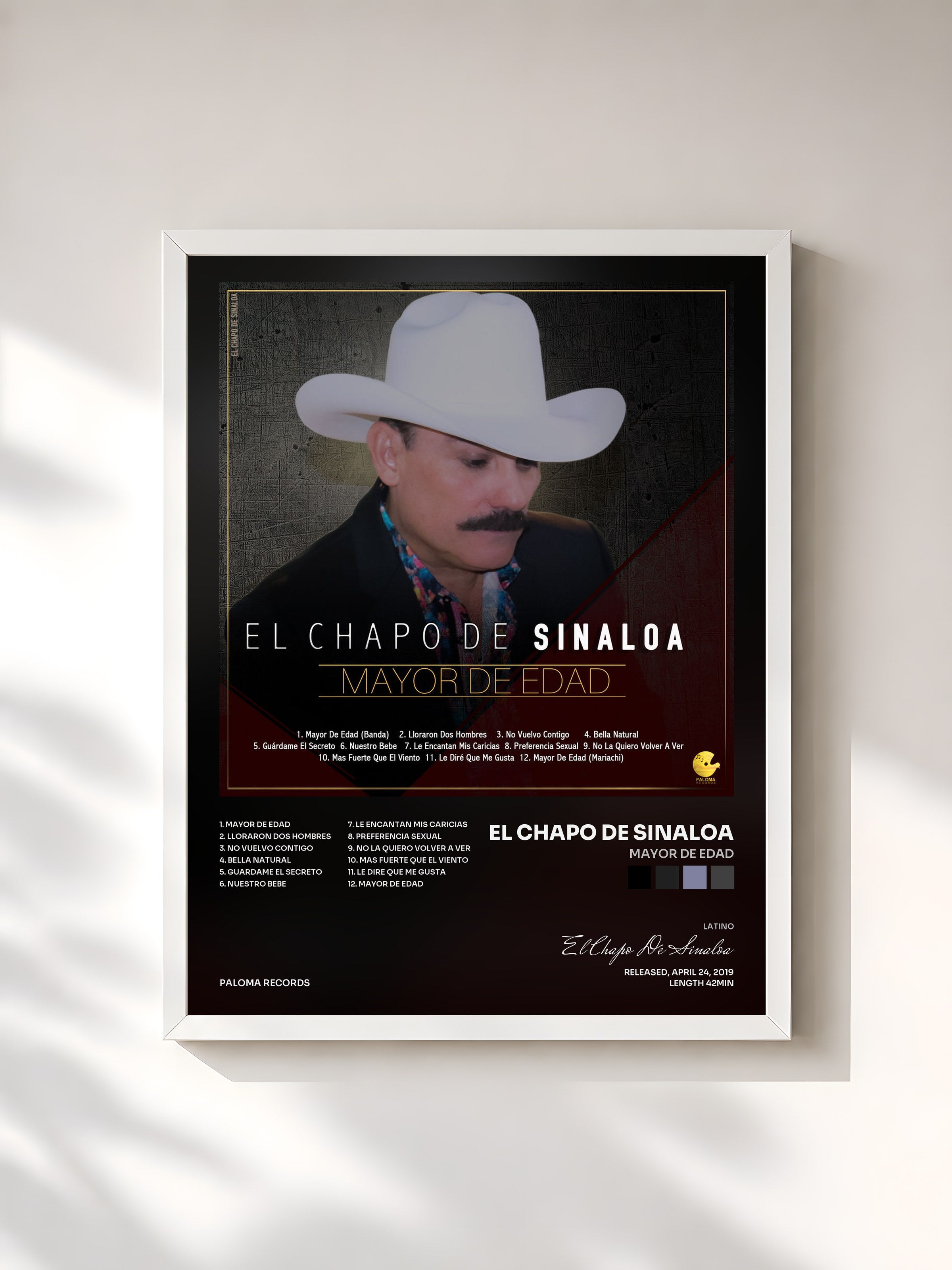 #blanc Tableau de l'album Mayor de Edad de El Chapo De Sinaloa, cadre blanc, imprimé et encadré en France