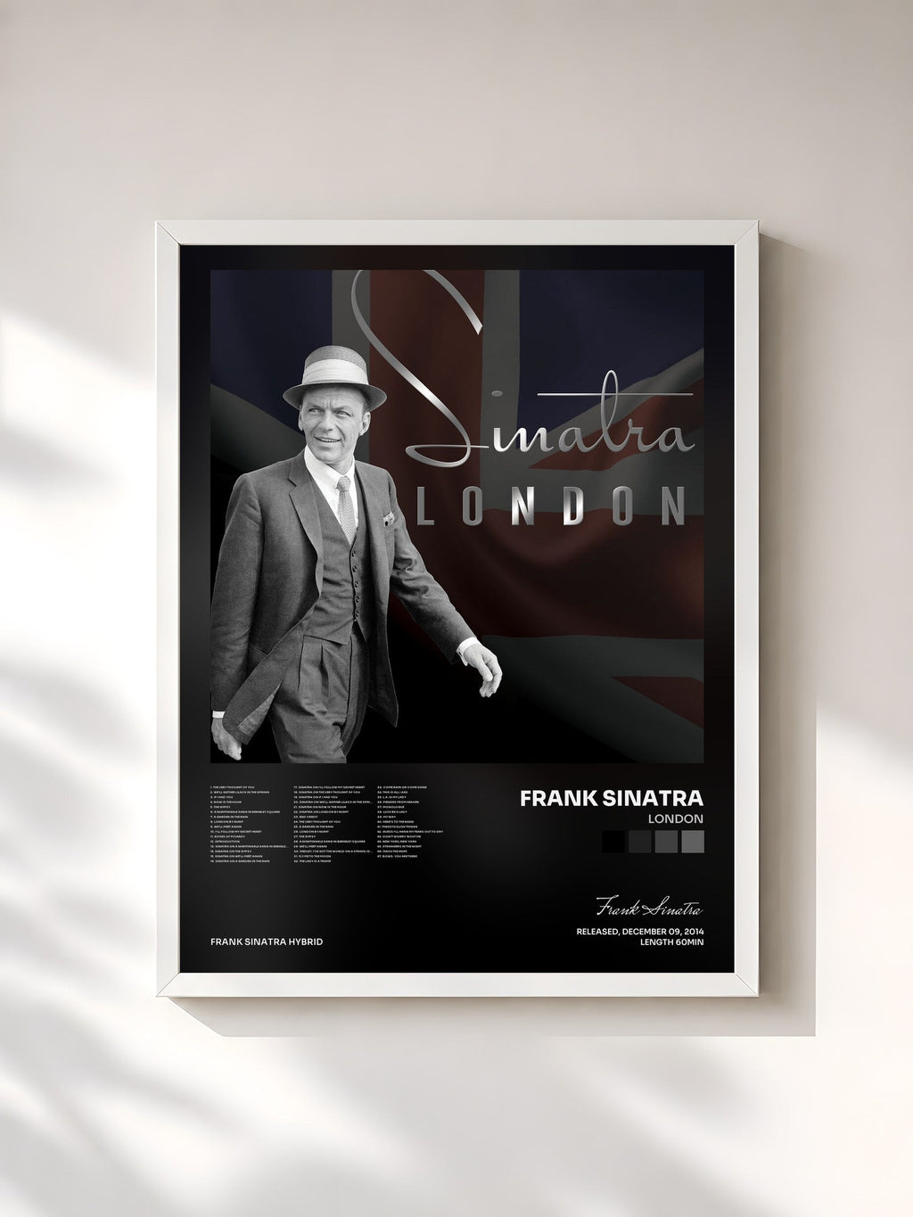 #blanc Tableau de l'album London de Frank Sinatra, cadre blanc, imprimé et encadré en France