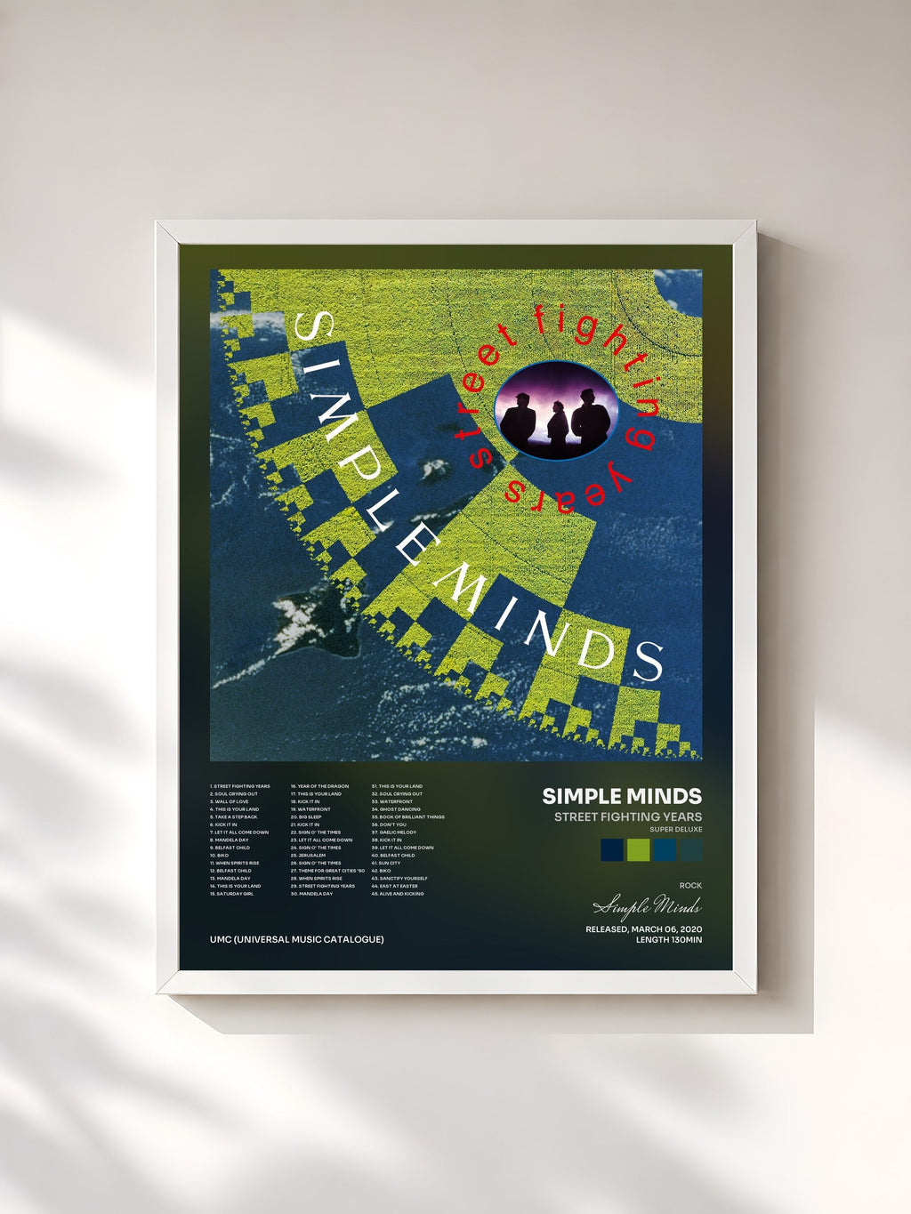 #blanc Tableau de l'album Street Fighting Years (Super Deluxe) de Simple Minds, cadre blanc, imprimé et encadré en France