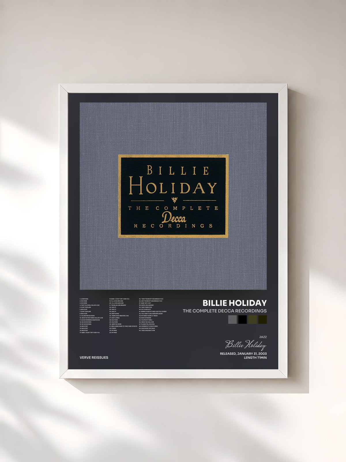 #blanc Tableau de l'album The Complete Decca Recordings de Billie Holiday, cadre blanc, imprimé et encadré en France