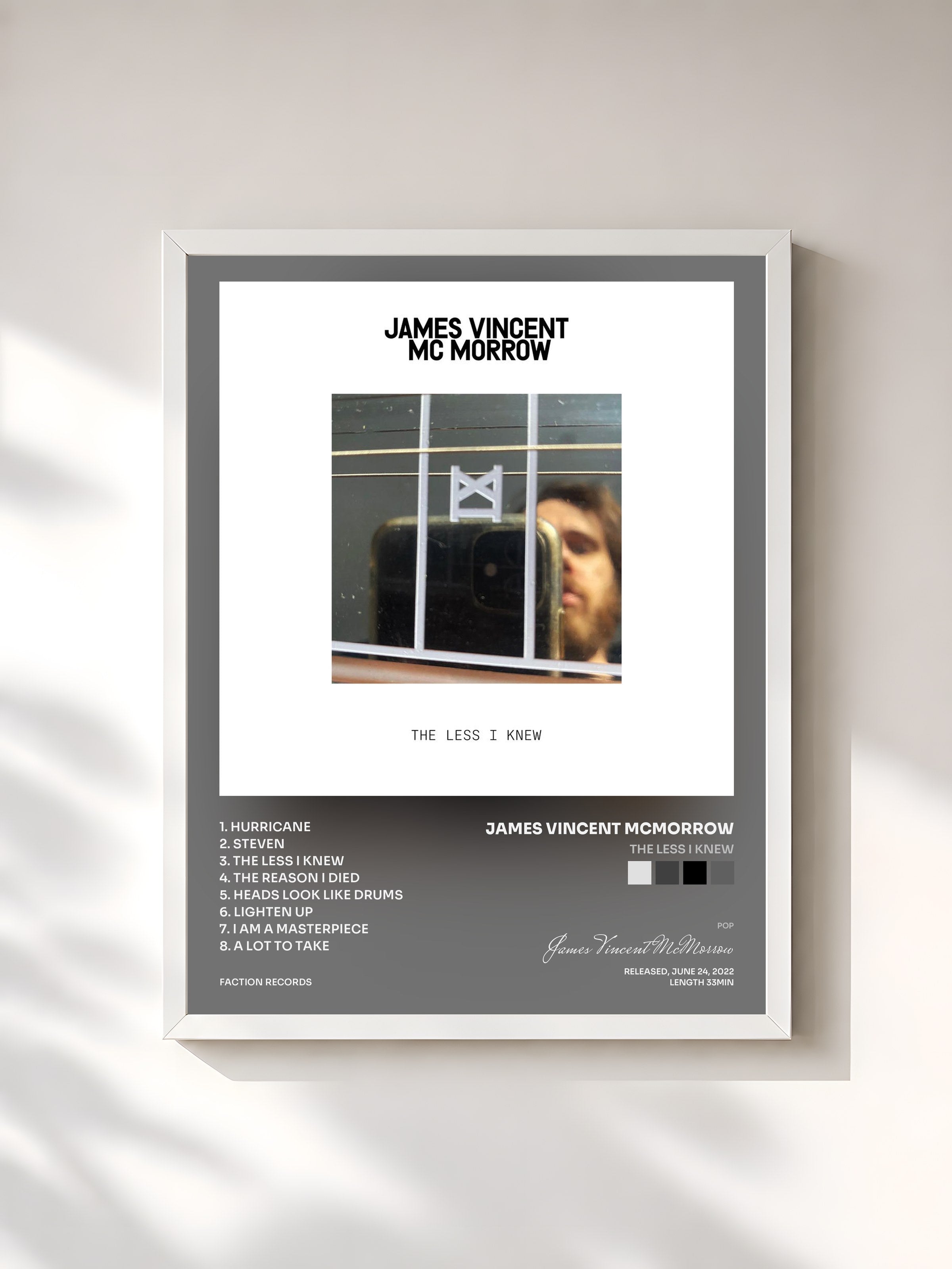 #blanc Tableau de l'album The Less I Knew de James Vincent McMorrow, cadre blanc, imprimé et encadré en France