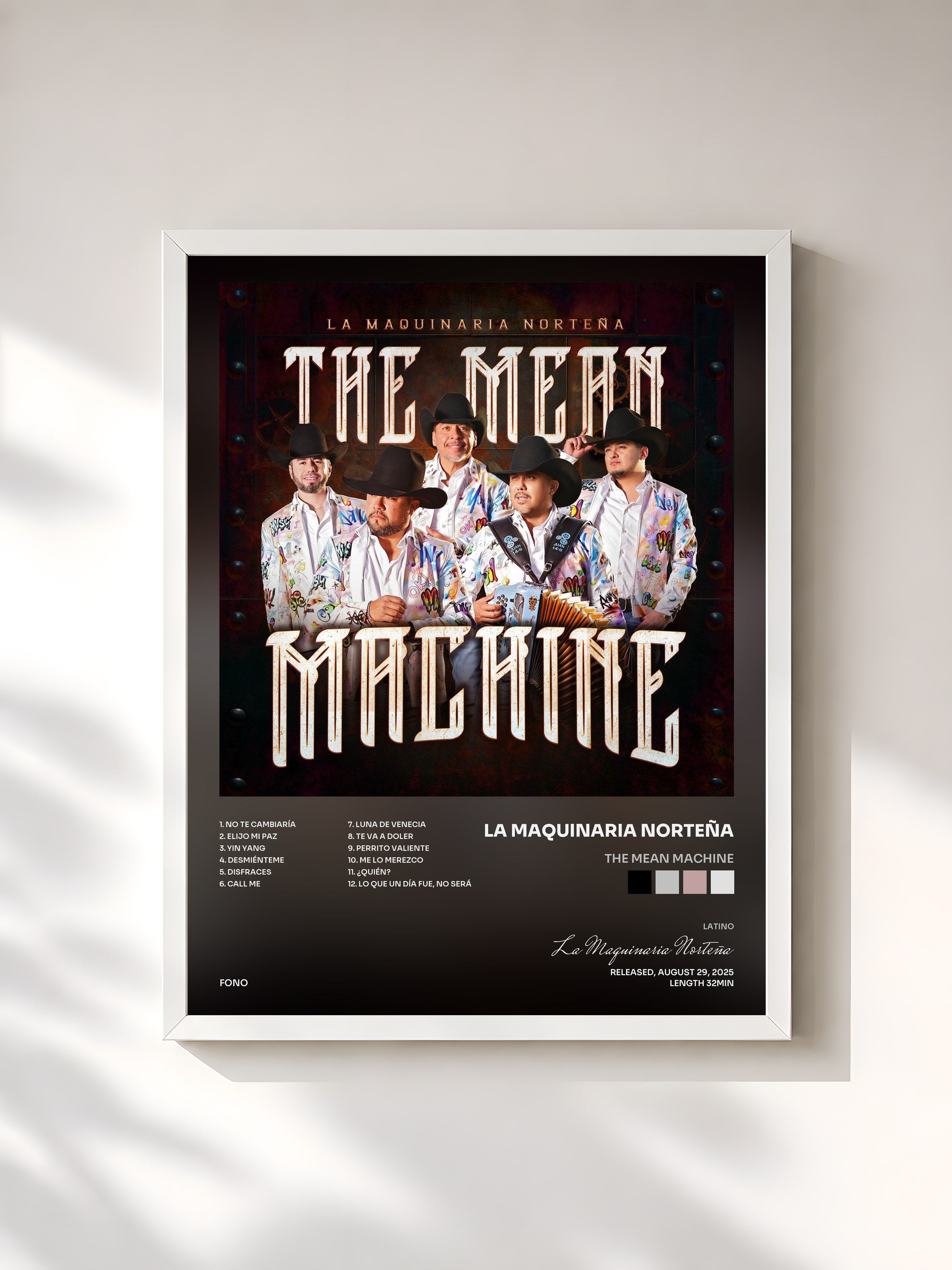 #blanc Tableau de l'album The Mean Machine de La Maquinaria Norteña, cadre blanc, imprimé et encadré en France