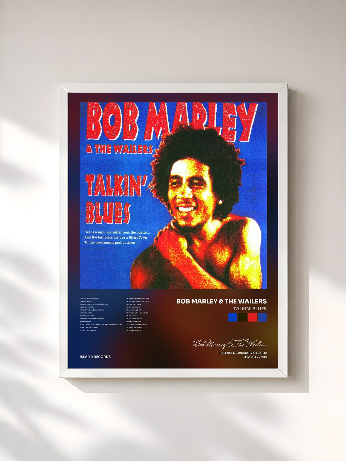 #blanc Tableau de l'album Talkin' Blues de Bob Marley & The Wailers, cadre blanc, imprimé et encadré en France