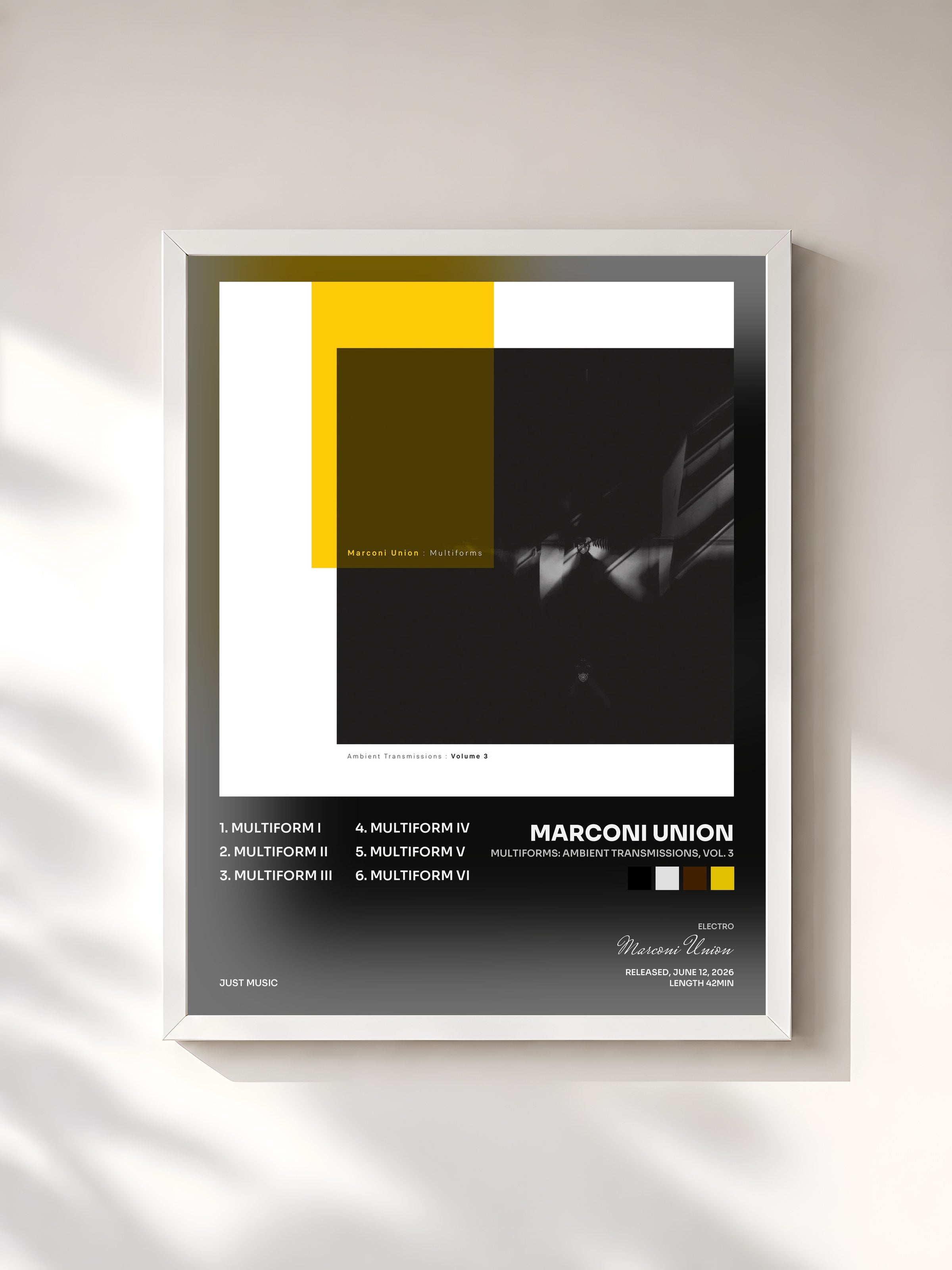 #blanc Tableau de l'album Multiforms: Ambient Transmissions, Vol. 3 de Marconi Union, cadre blanc, imprimé et encadré en France
