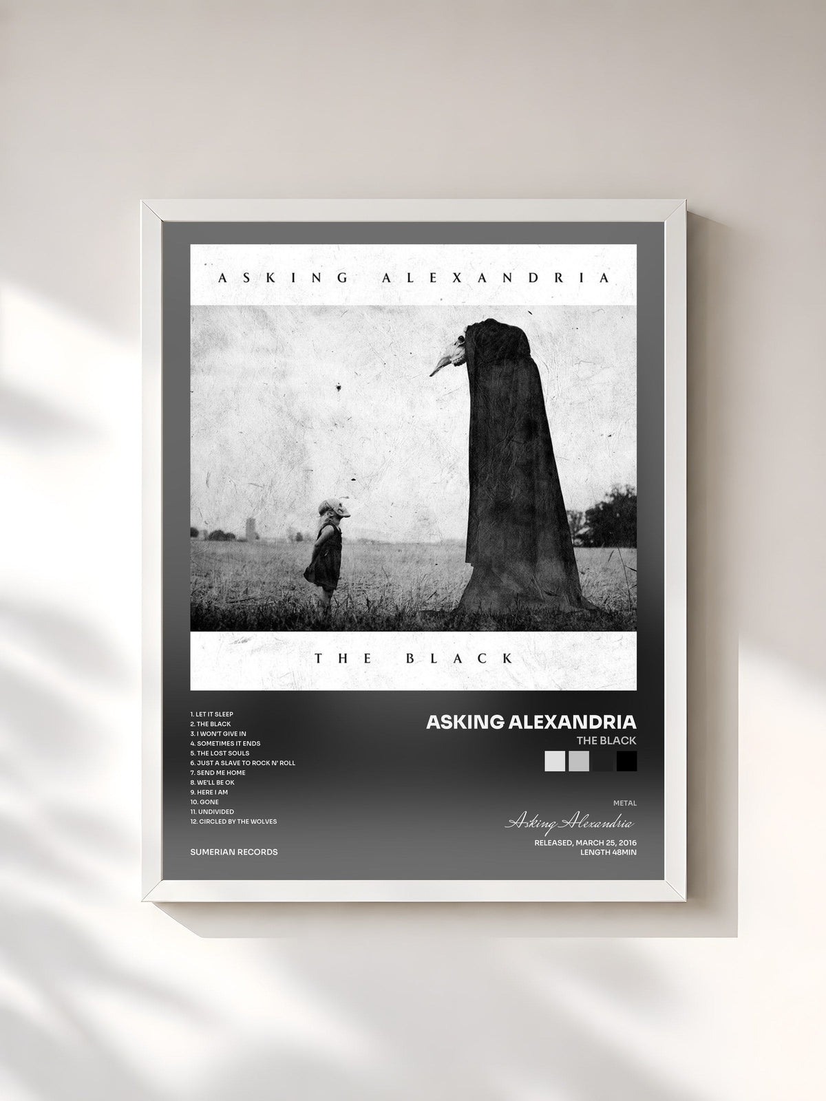 #blanc Tableau de l'album The Black de Asking Alexandria, cadre blanc, imprimé et encadré en France
