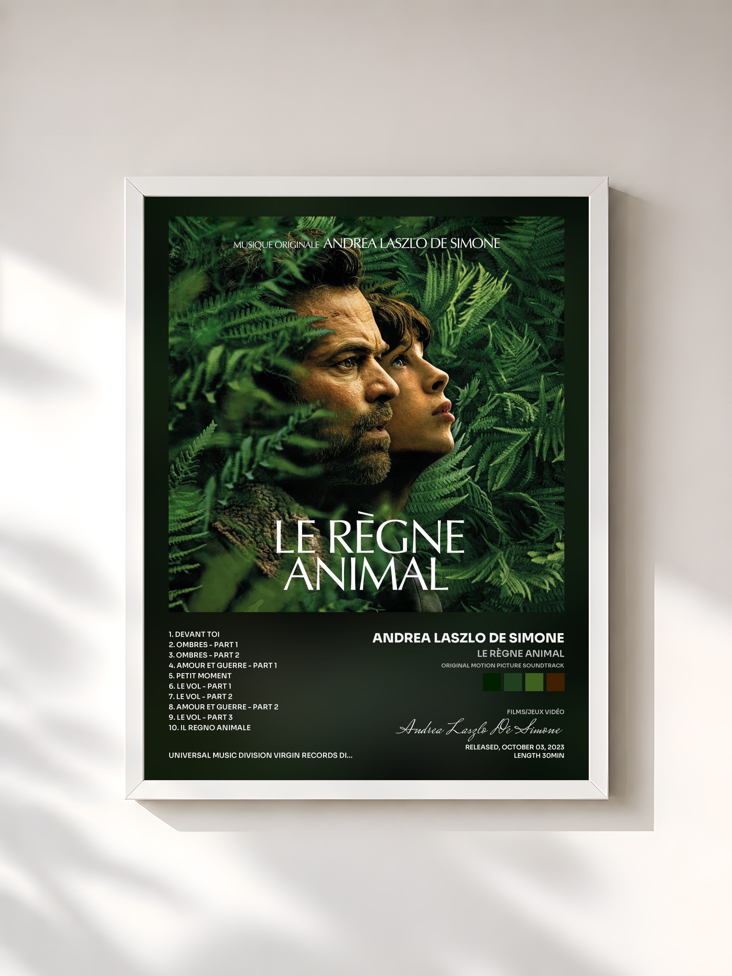 #blanc Tableau de l'album Le Règne Animal (Original Motion Picture Soundtrack) de Andrea Laszlo De Simone, cadre blanc, imprimé et encadré en France