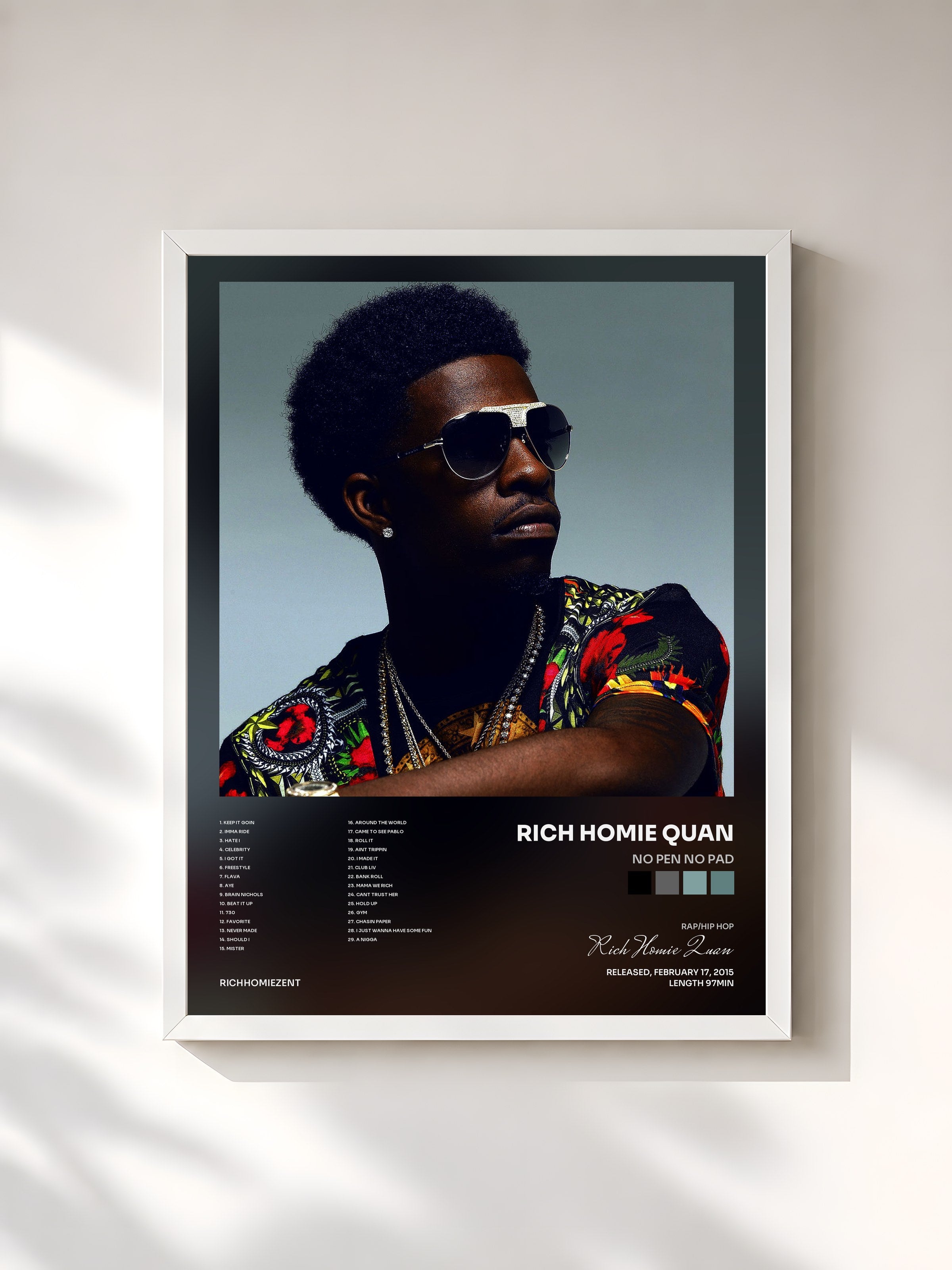 #blanc Tableau de l'album No Pen No Pad de Rich Homie Quan, cadre blanc, imprimé et encadré en France