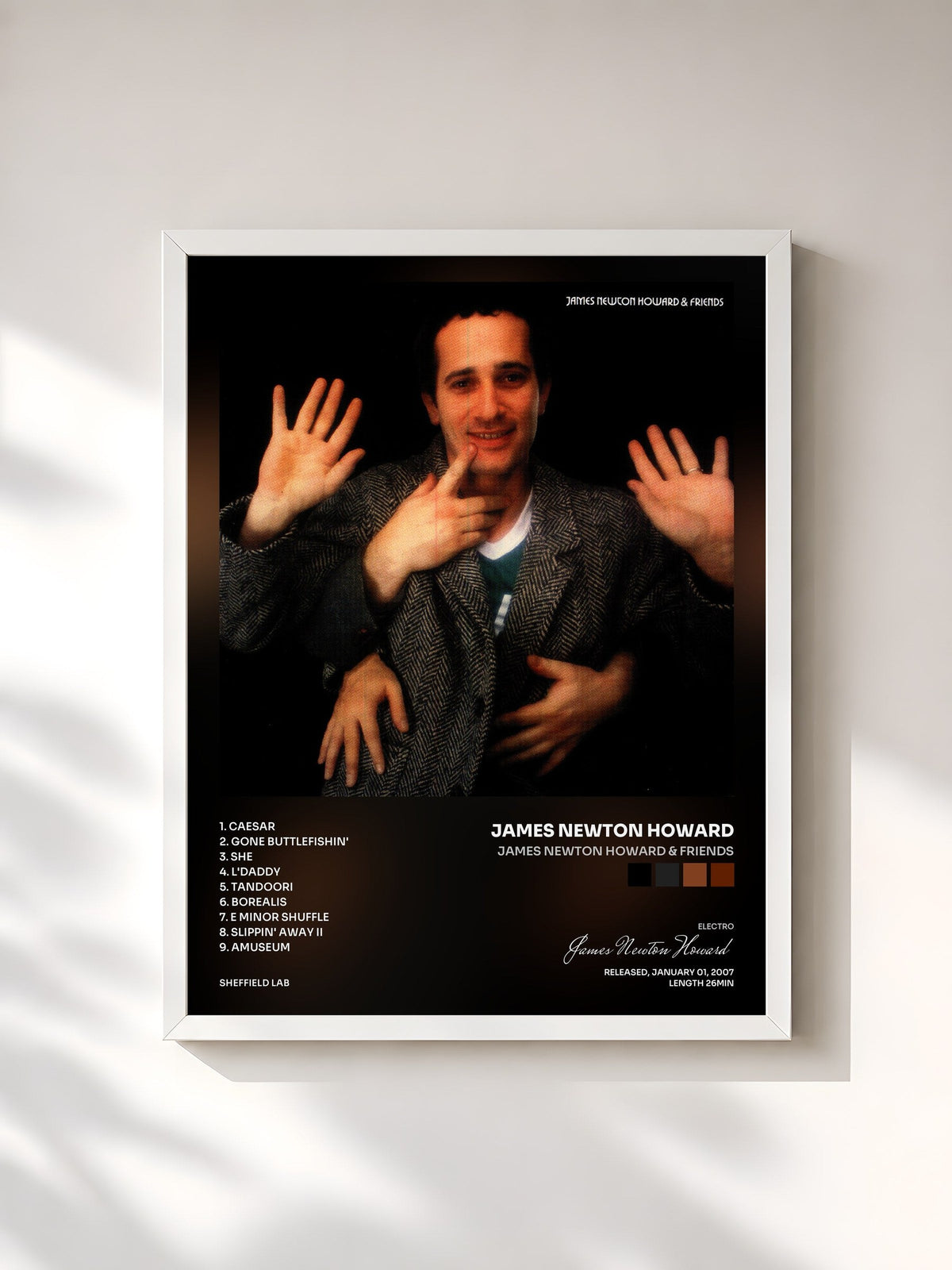 #blanc Tableau de l'album James Newton Howard & friends de James Newton Howard, cadre blanc, imprimé et encadré en France