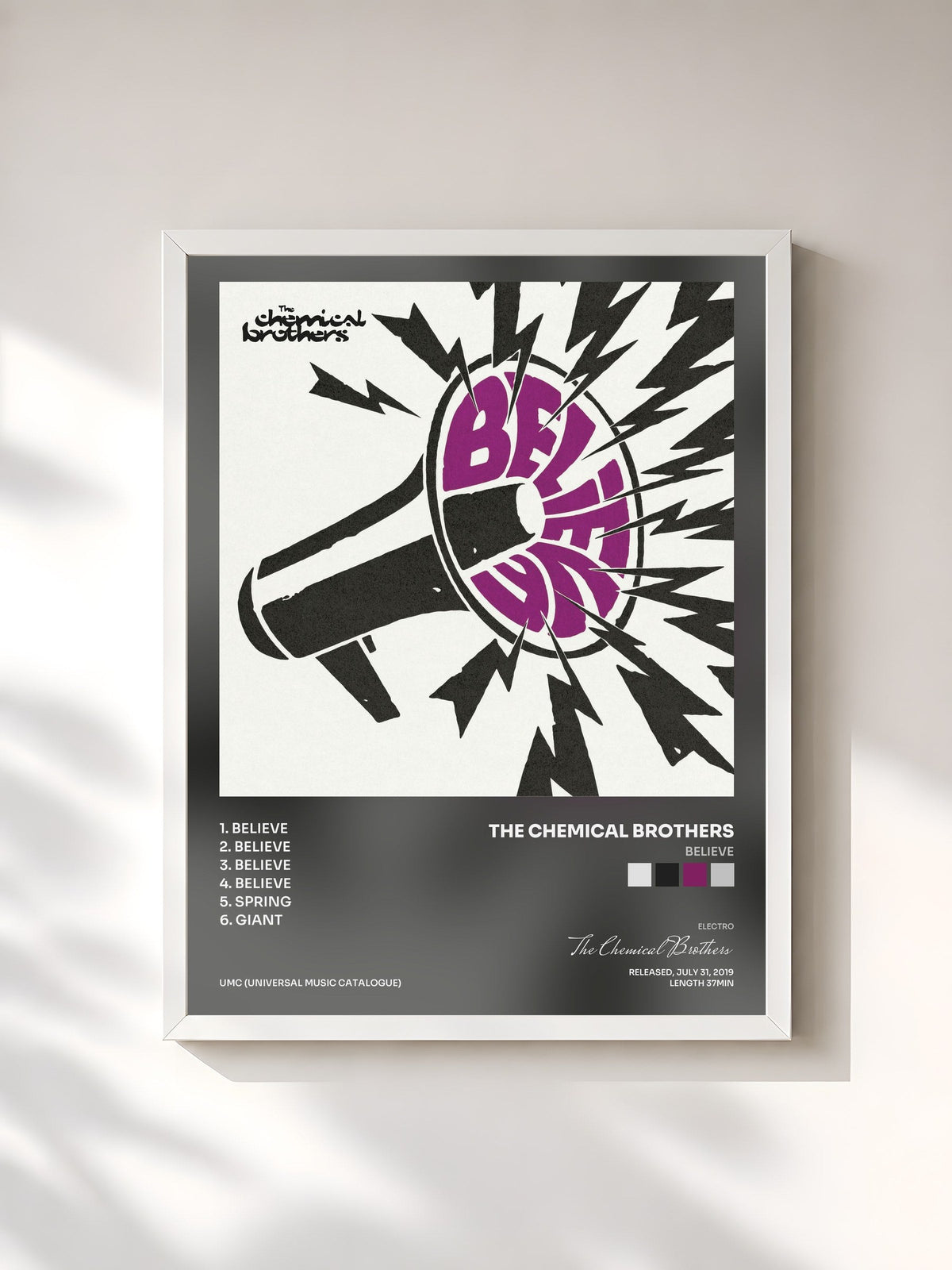 #blanc Tableau de l'album Believe de The Chemical Brothers, cadre blanc, imprimé et encadré en France