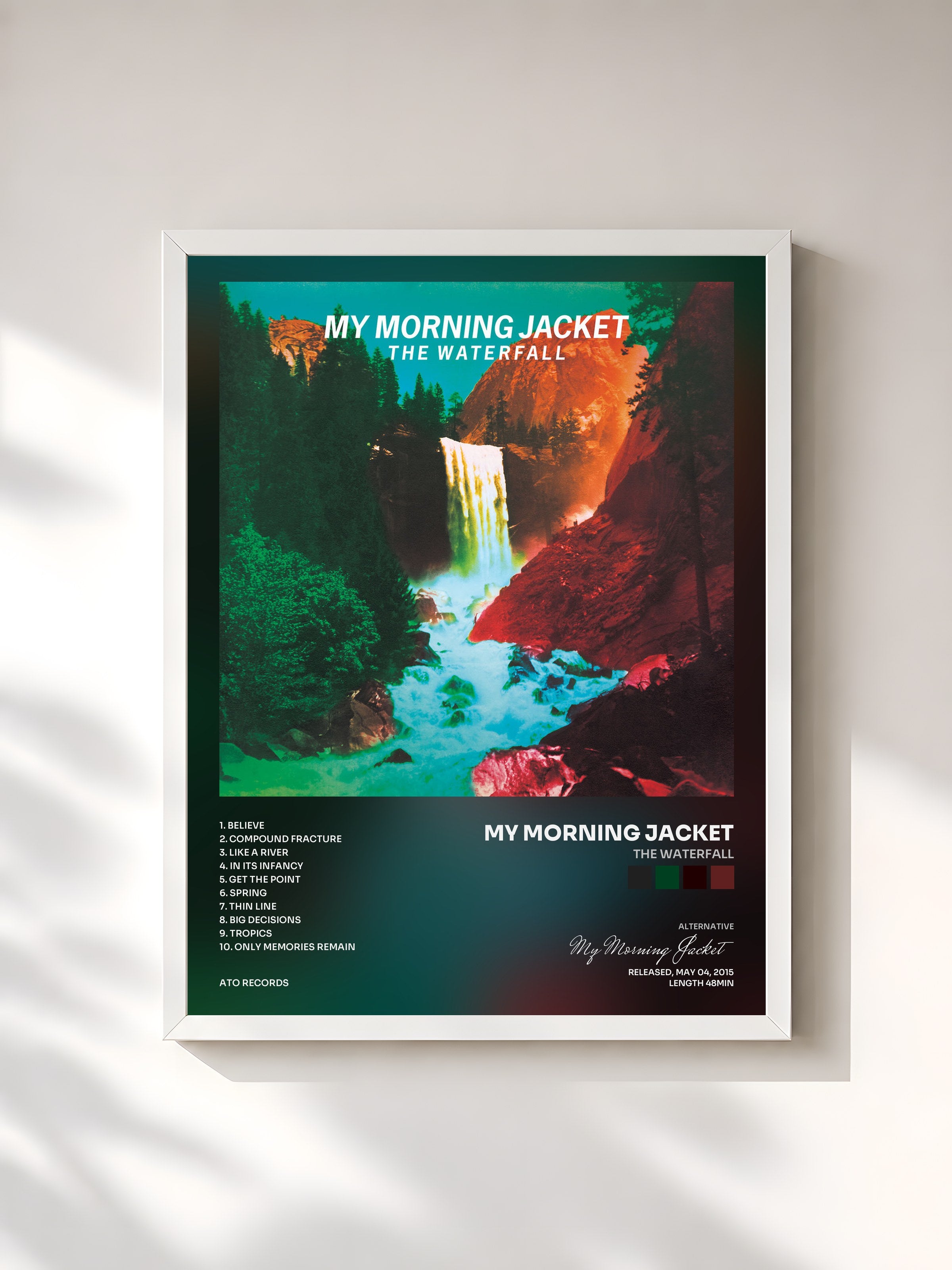 #blanc Tableau de l'album The Waterfall de My Morning Jacket, cadre blanc, imprimé et encadré en France