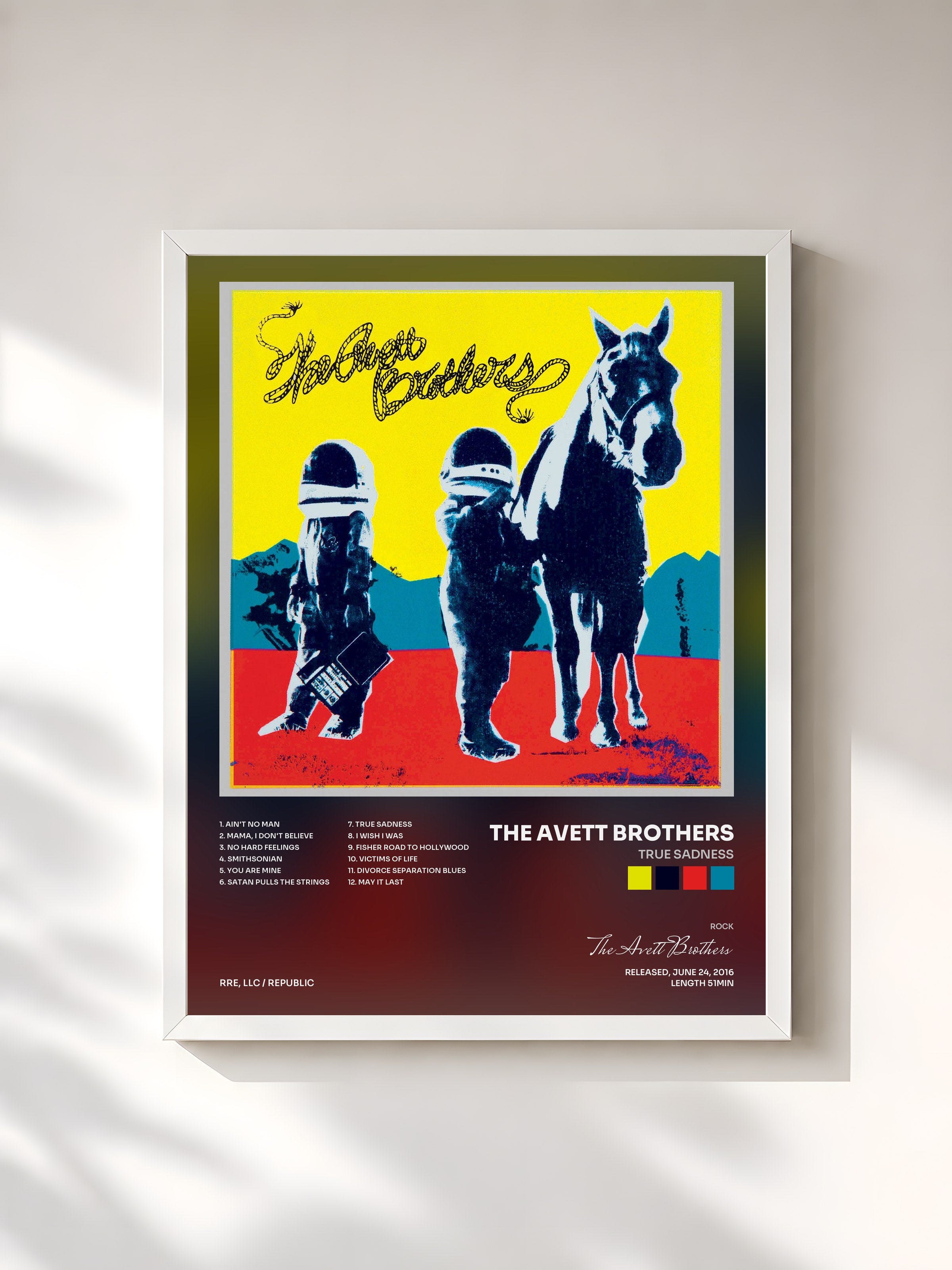 #blanc Tableau de l'album True Sadness de The Avett Brothers, cadre blanc, imprimé et encadré en France