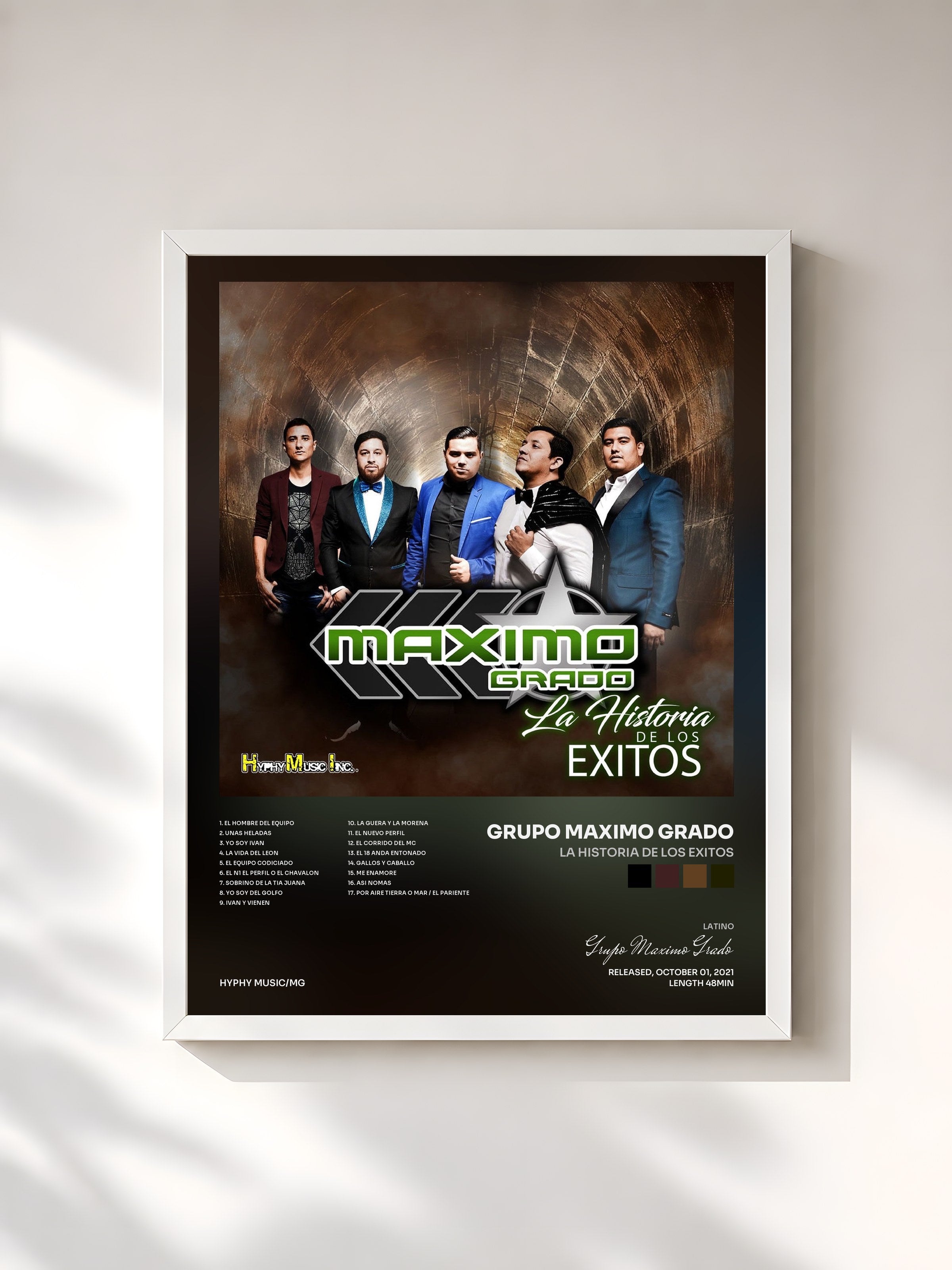 #blanc Tableau de l'album La Historia de Los Exitos de Grupo Maximo Grado, cadre blanc, imprimé et encadré en France