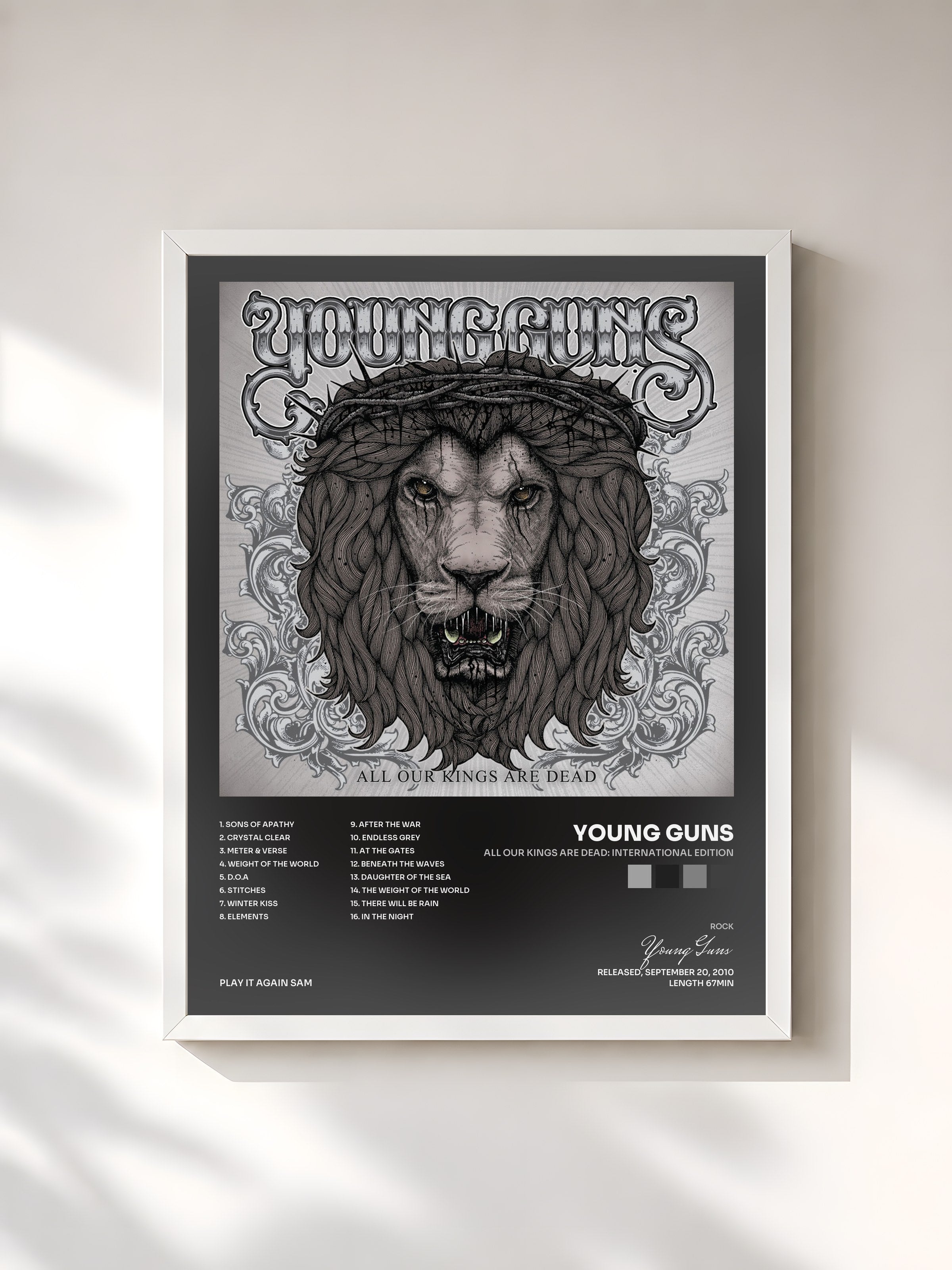 #blanc Tableau de l'album All Our Kings Are Dead: International Edition de Young Guns, cadre blanc, imprimé et encadré en France