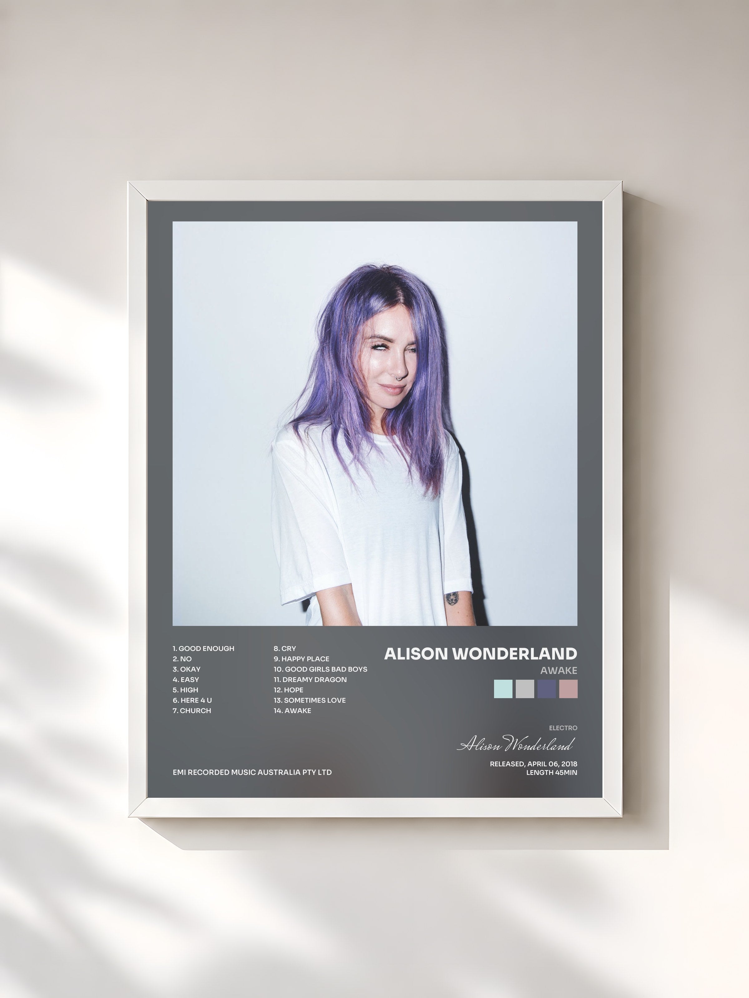 #blanc Tableau de l'album Awake de Alison Wonderland, cadre blanc, imprimé et encadré en France
