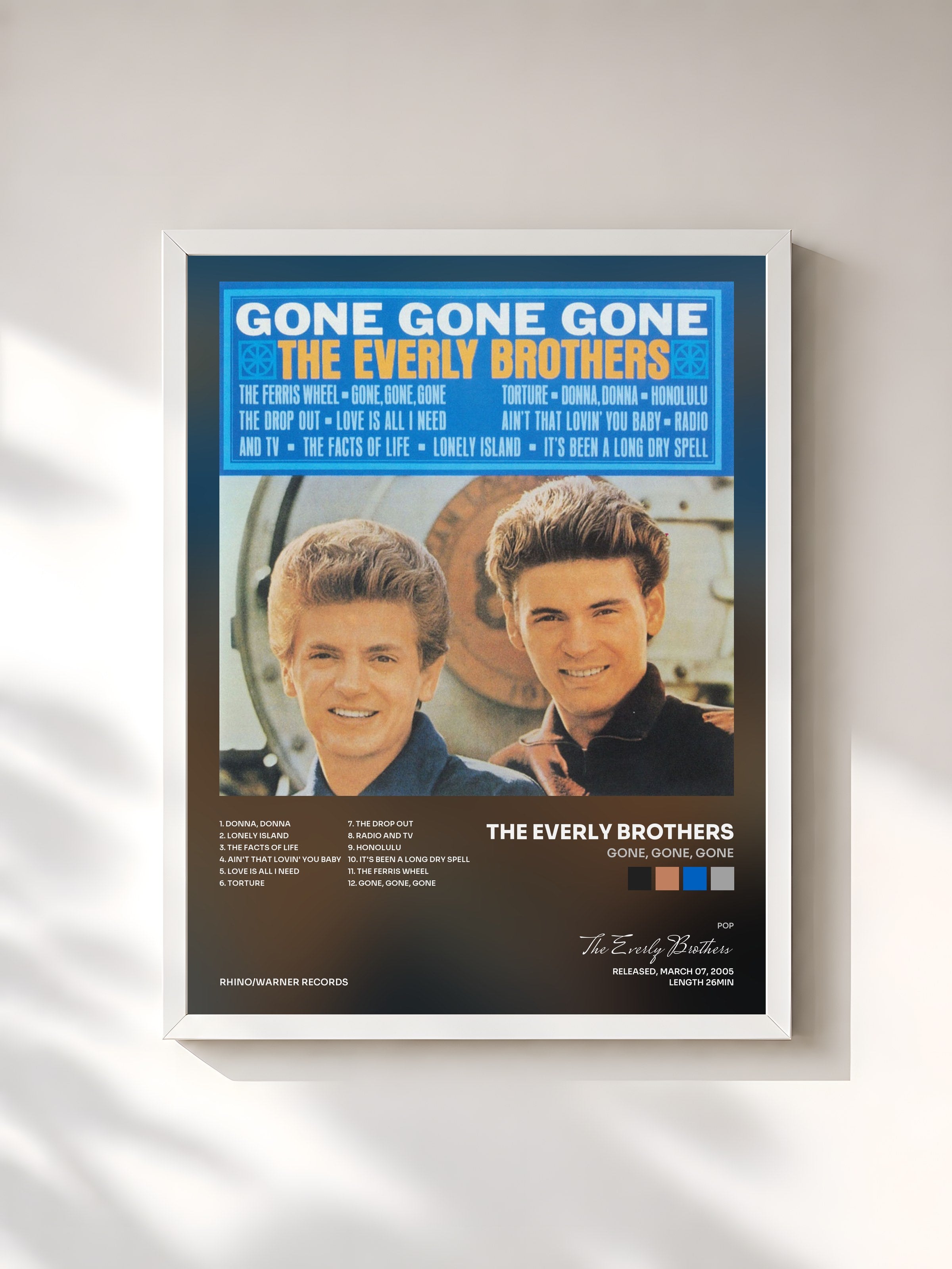 #blanc Tableau de l'album Gone, Gone, Gone de The Everly Brothers, cadre blanc, imprimé et encadré en France
