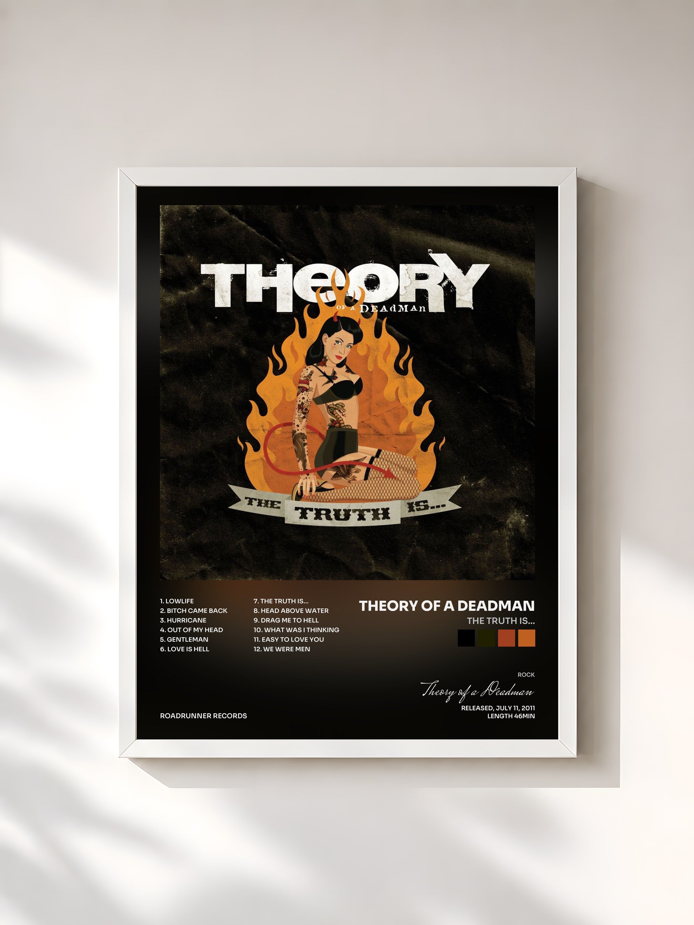 #blanc Tableau de l'album The Truth Is... de Theory of a Deadman, cadre blanc, imprimé et encadré en France