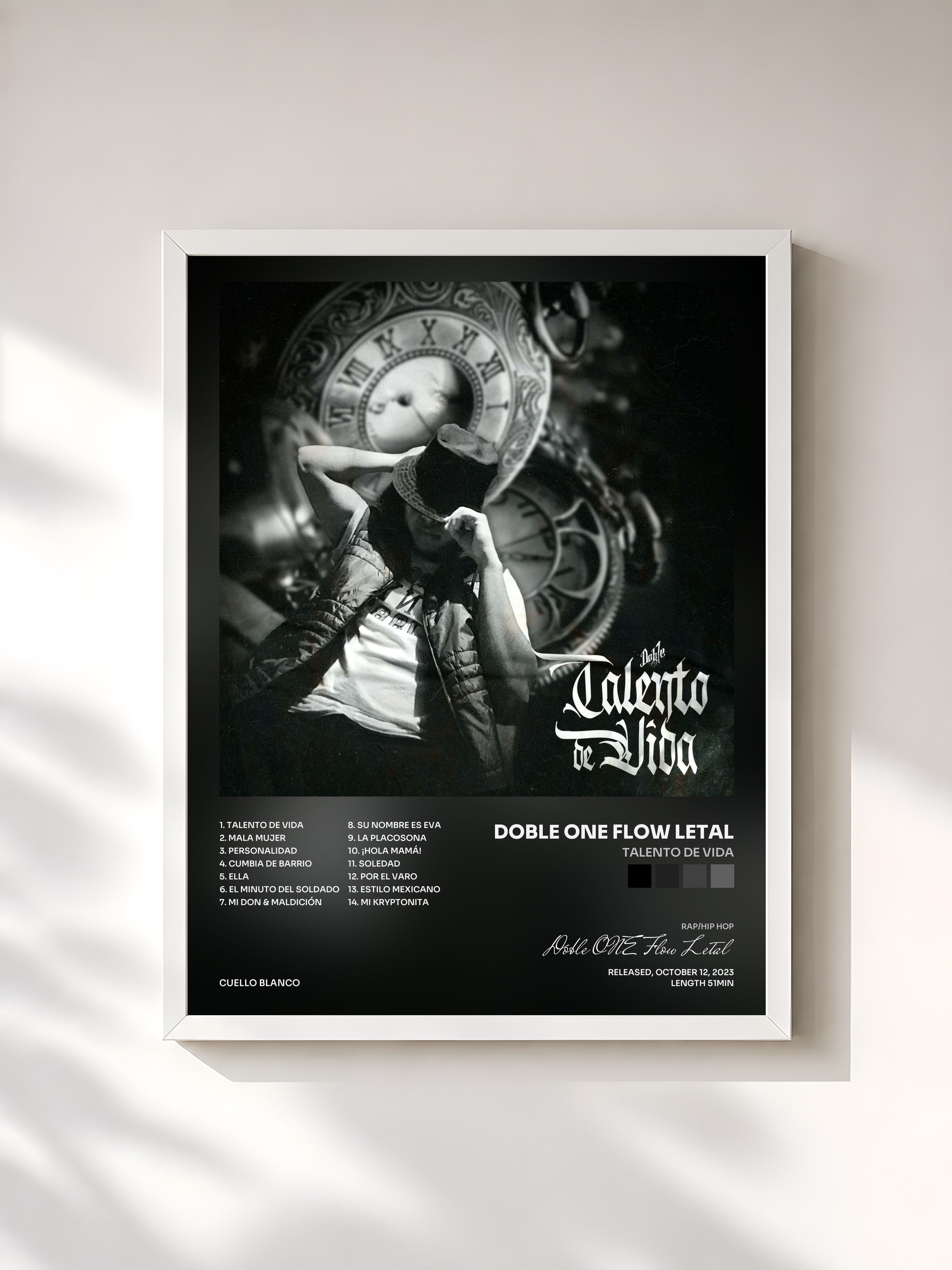#blanc Tableau de l'album Talento de Vida de Doble ONE Flow Letal, cadre blanc, imprimé et encadré en France
