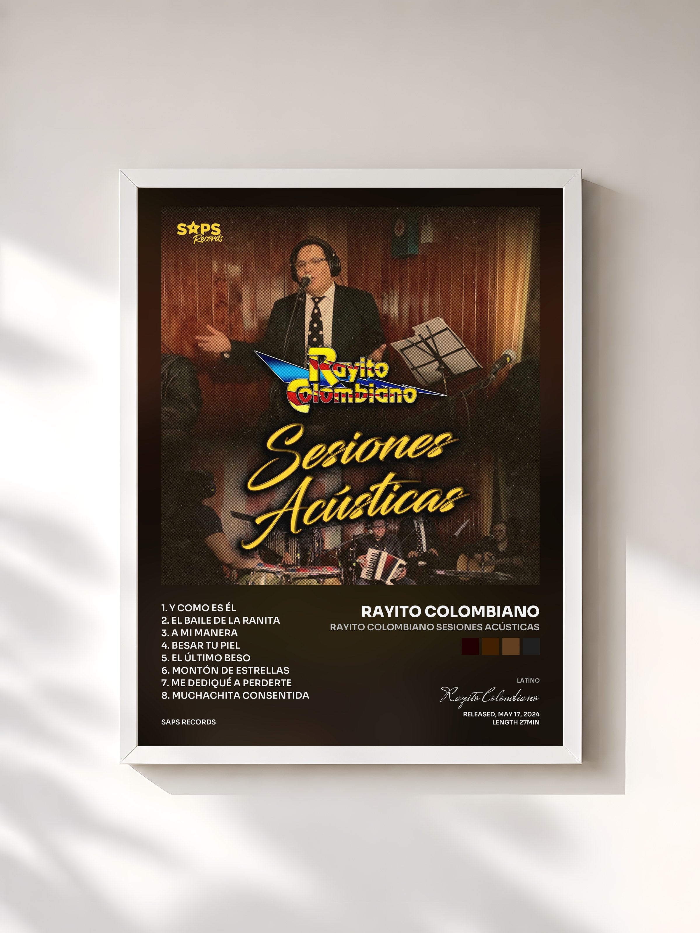#blanc Tableau de l'album Rayito Colombiano Sesiones Acústicas de Rayito Colombiano, cadre blanc, imprimé et encadré en France