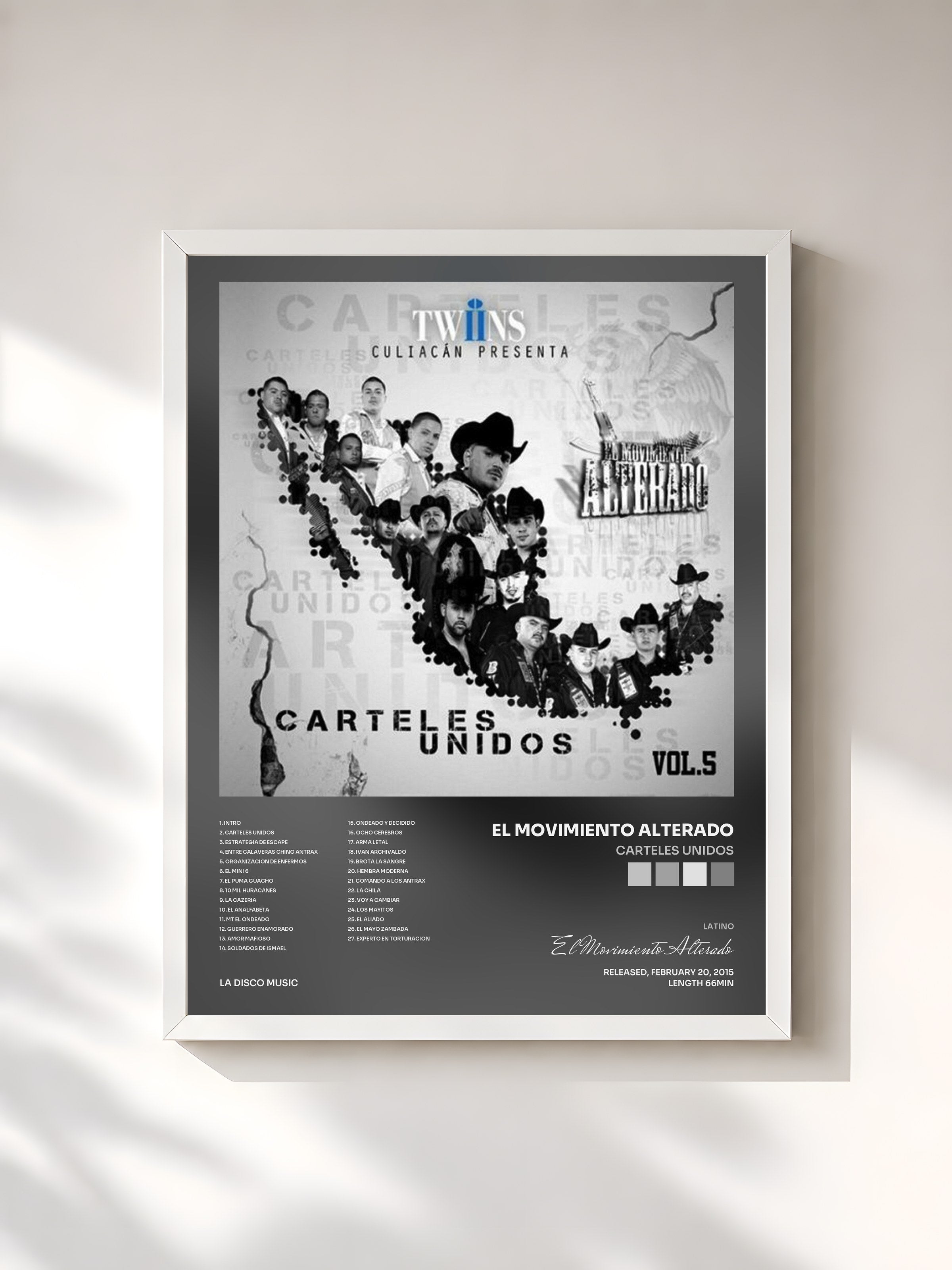 #blanc Tableau de l'album Carteles Unidos de El Movimiento Alterado, cadre blanc, imprimé et encadré en France