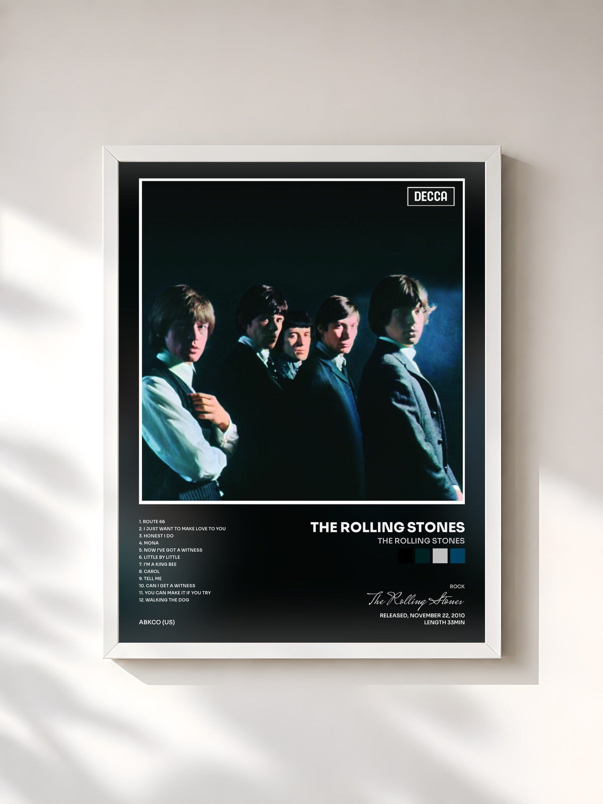 #blanc Tableau de l'album The Rolling Stones de The Rolling Stones, cadre blanc, imprimé et encadré en France