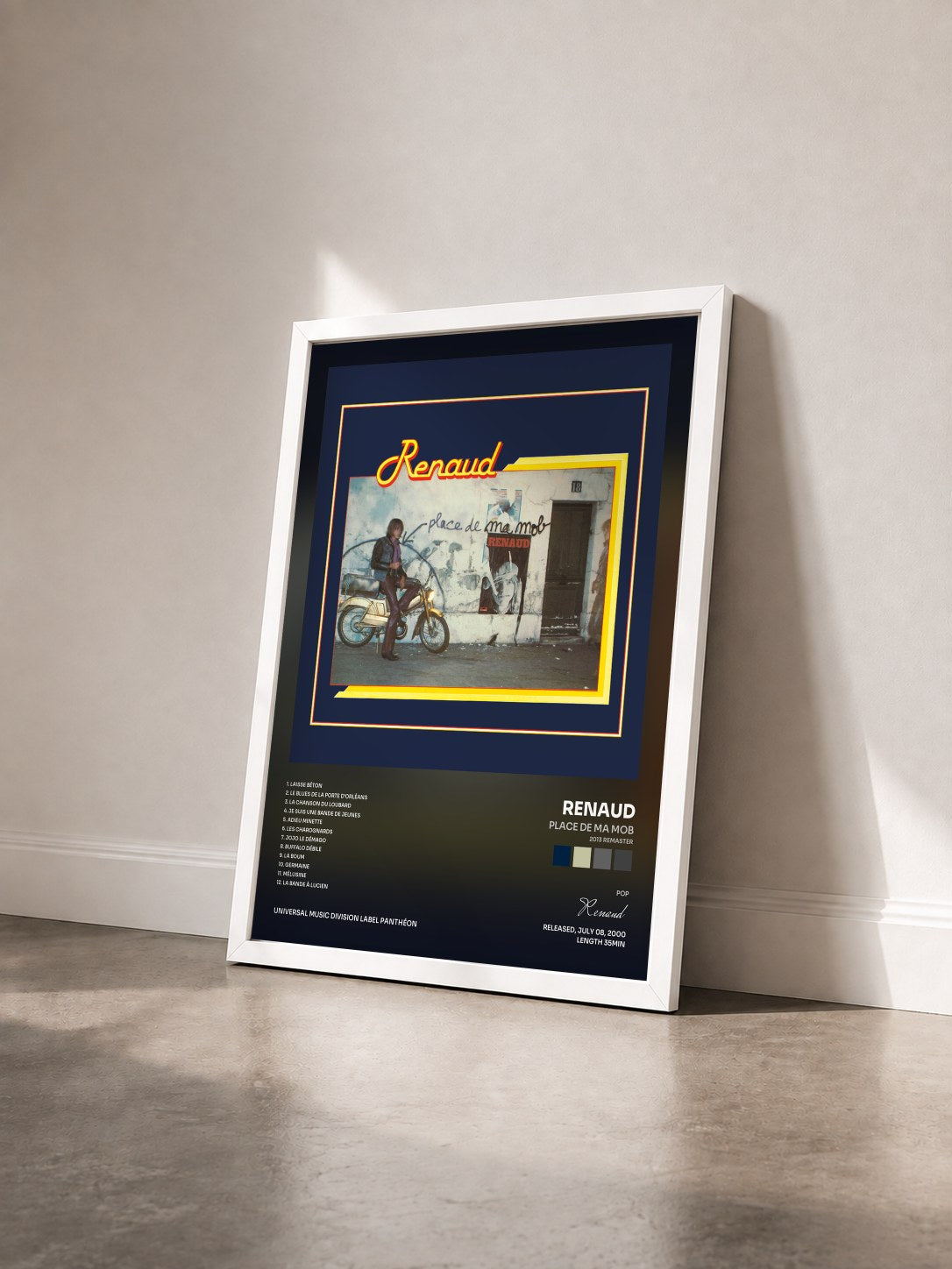 #blanc Tableau de l'album Place De Ma Mob (2013 Remaster) de Renaud vu de trois quarts, cadre blanc