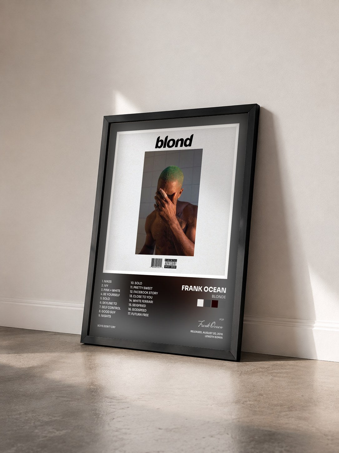 #noir Tableau de l'album Blonde de Frank Ocean vu de trois quarts, cadre noir