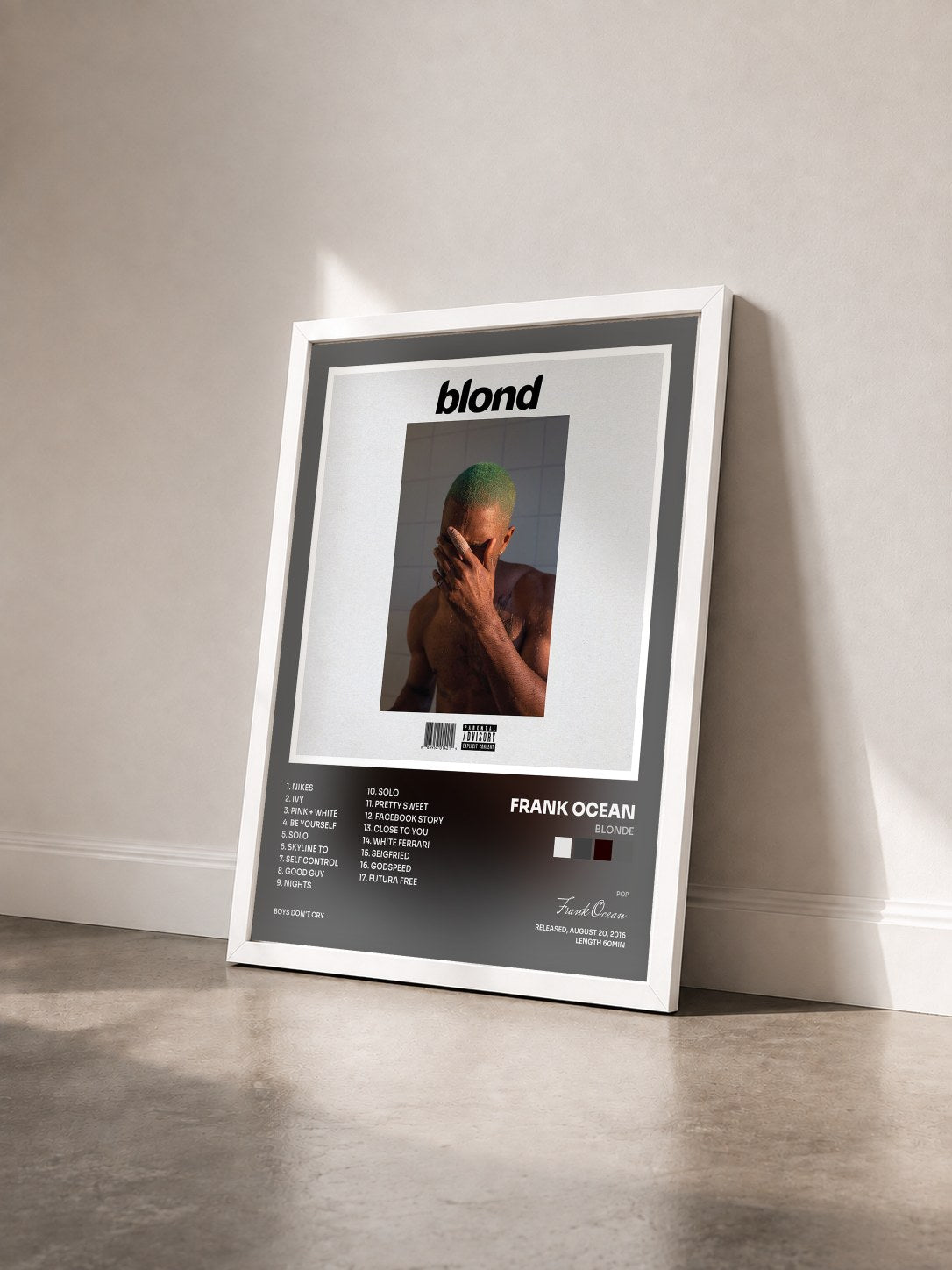#blanc Tableau de l'album Blonde de Frank Ocean vu de trois quarts, cadre blanc