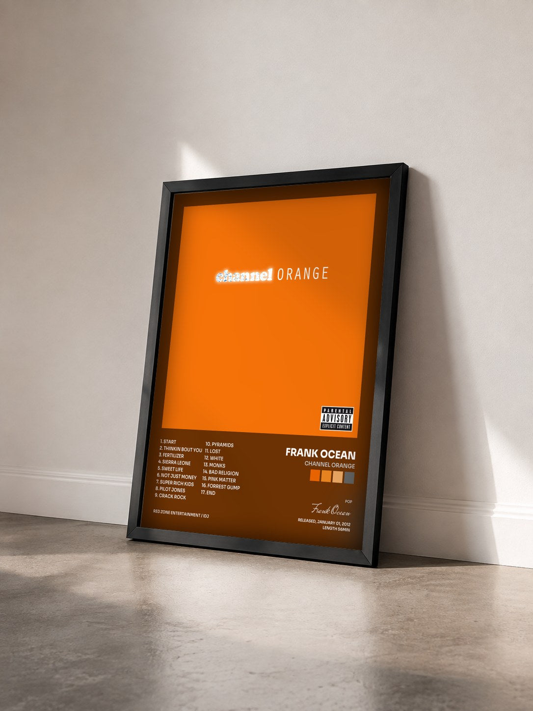 #noir Tableau de l'album channel ORANGE de Frank Ocean vu de trois quarts, cadre noir