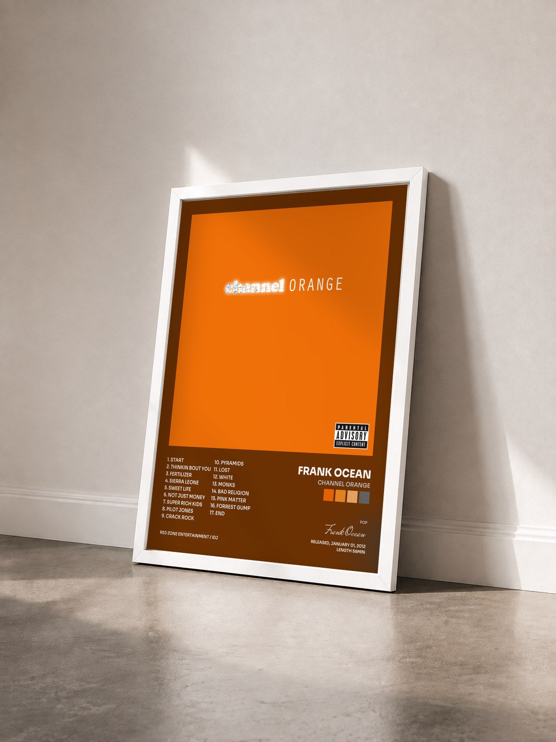 #blanc Tableau de l'album channel ORANGE de Frank Ocean vu de trois quarts, cadre blanc