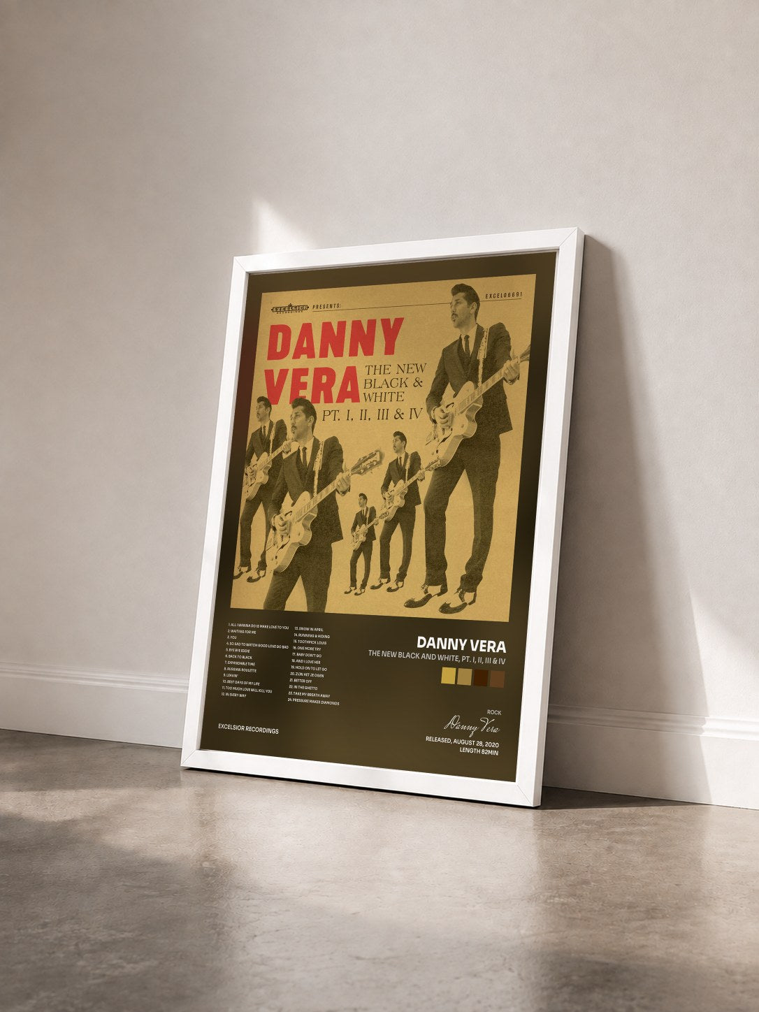 #blanc Tableau de l'album The New Black and White, Pt. I, II, III & IV de Danny Vera vu de trois quarts, cadre blanc
