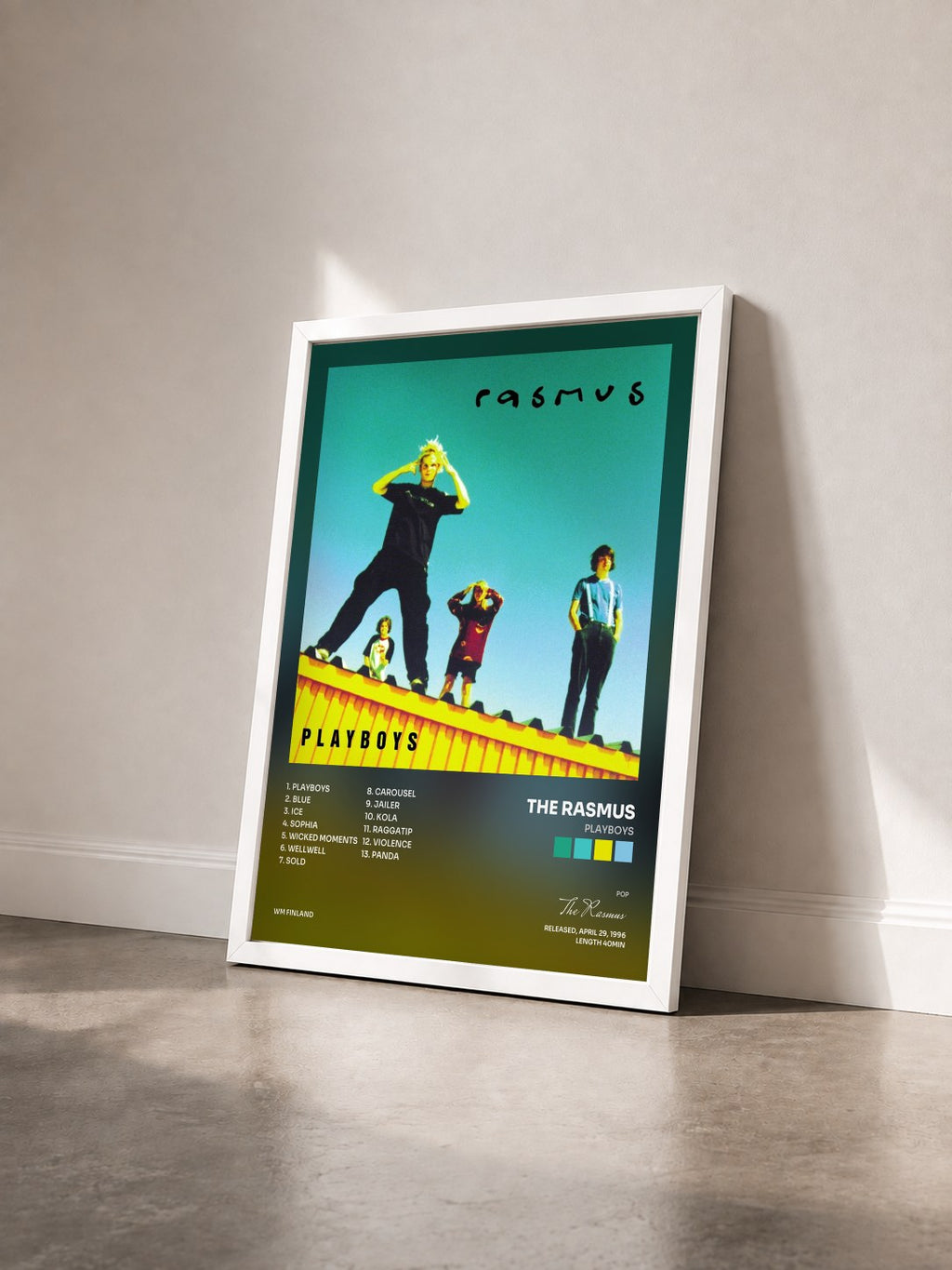 #blanc Tableau de l'album Playboys de The Rasmus vu de trois quarts, cadre blanc
