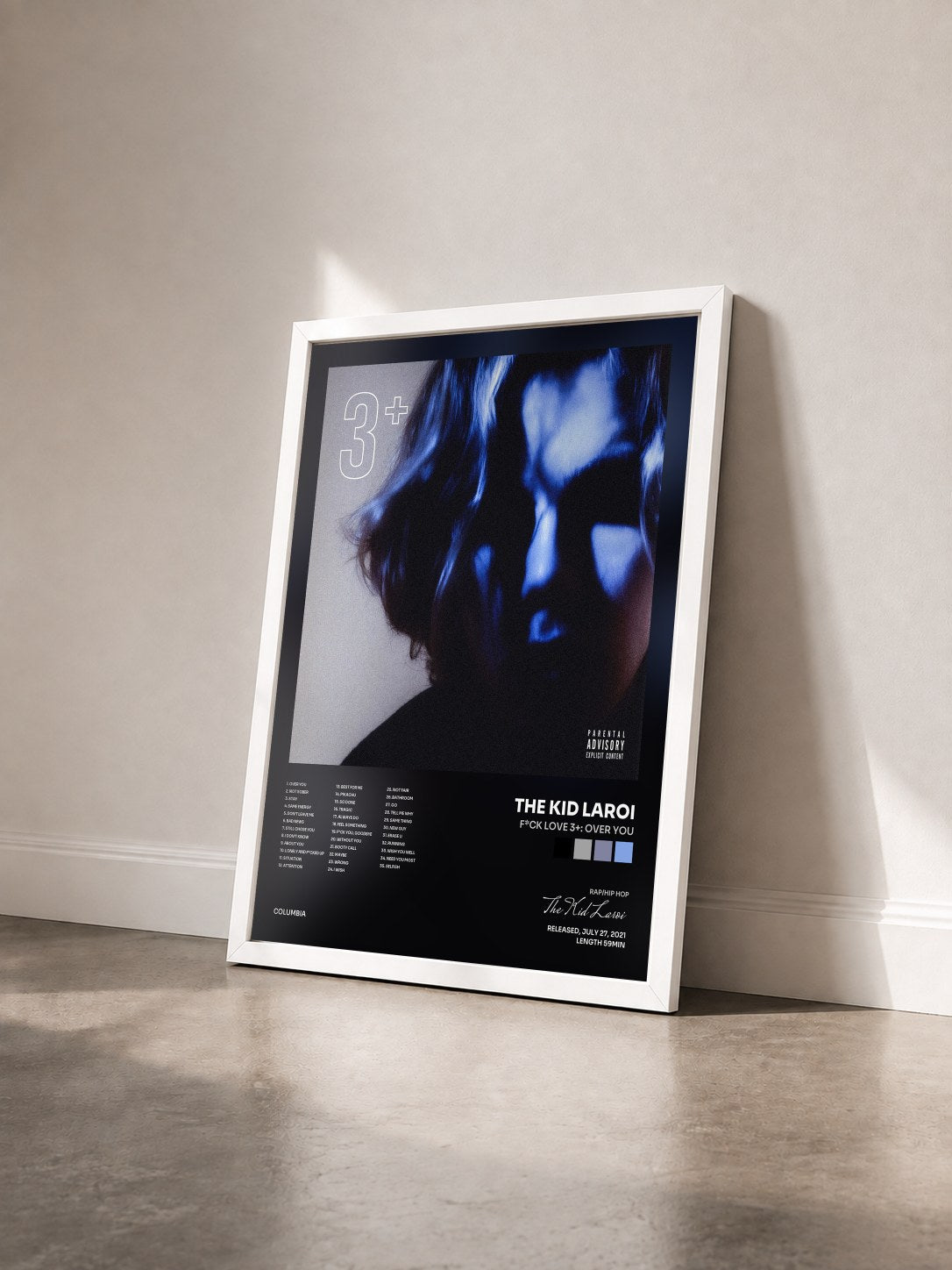 #blanc F*CK LOVE 3+: OVER YOU by The Kid Laroi as a framed art print seen at an angle, white frame