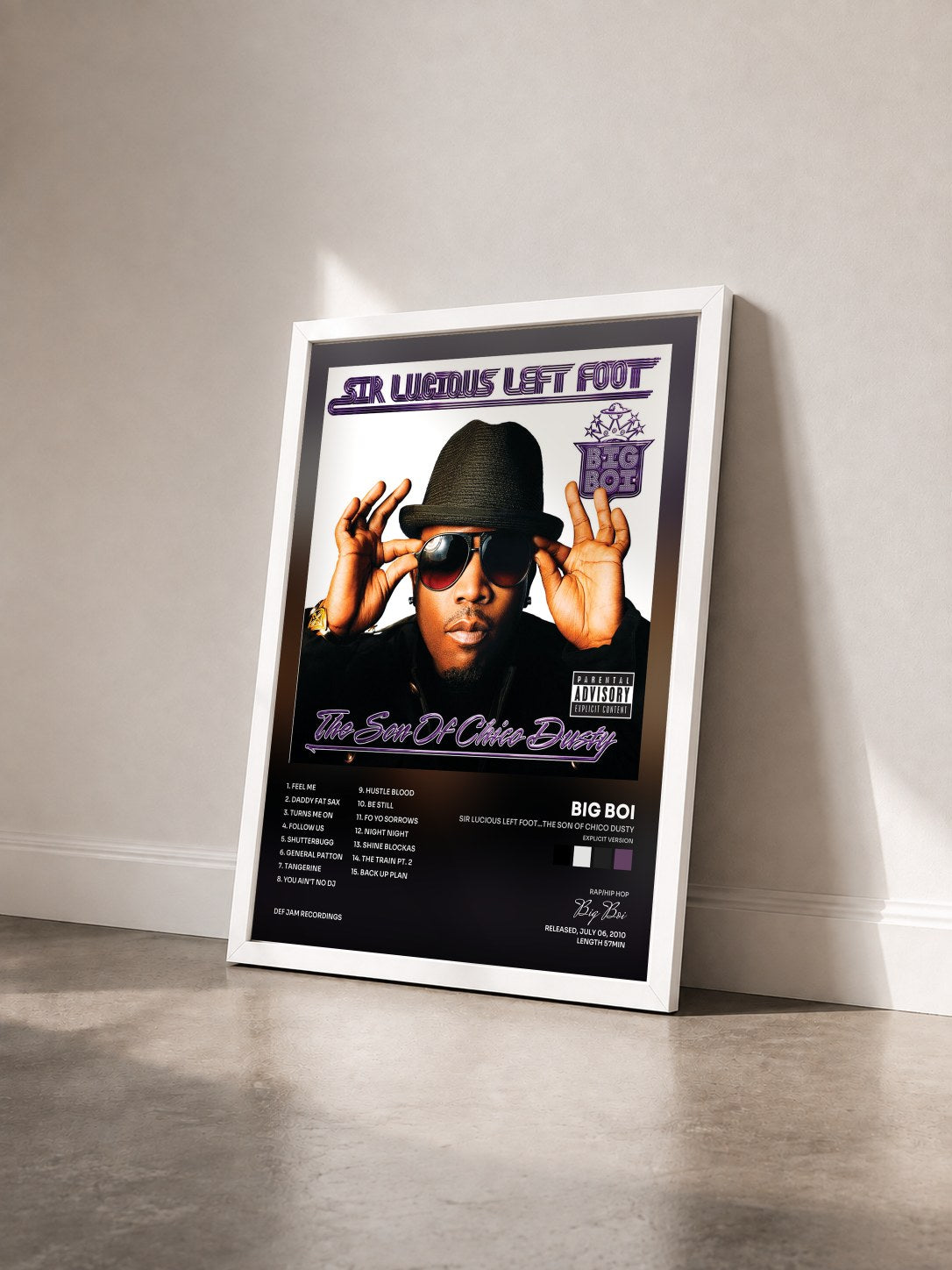 #blanc Tableau de l'album Sir Lucious Left Foot...The Son Of Chico Dusty (Explicit Version) de Big Boi vu de trois quarts, cadre blanc