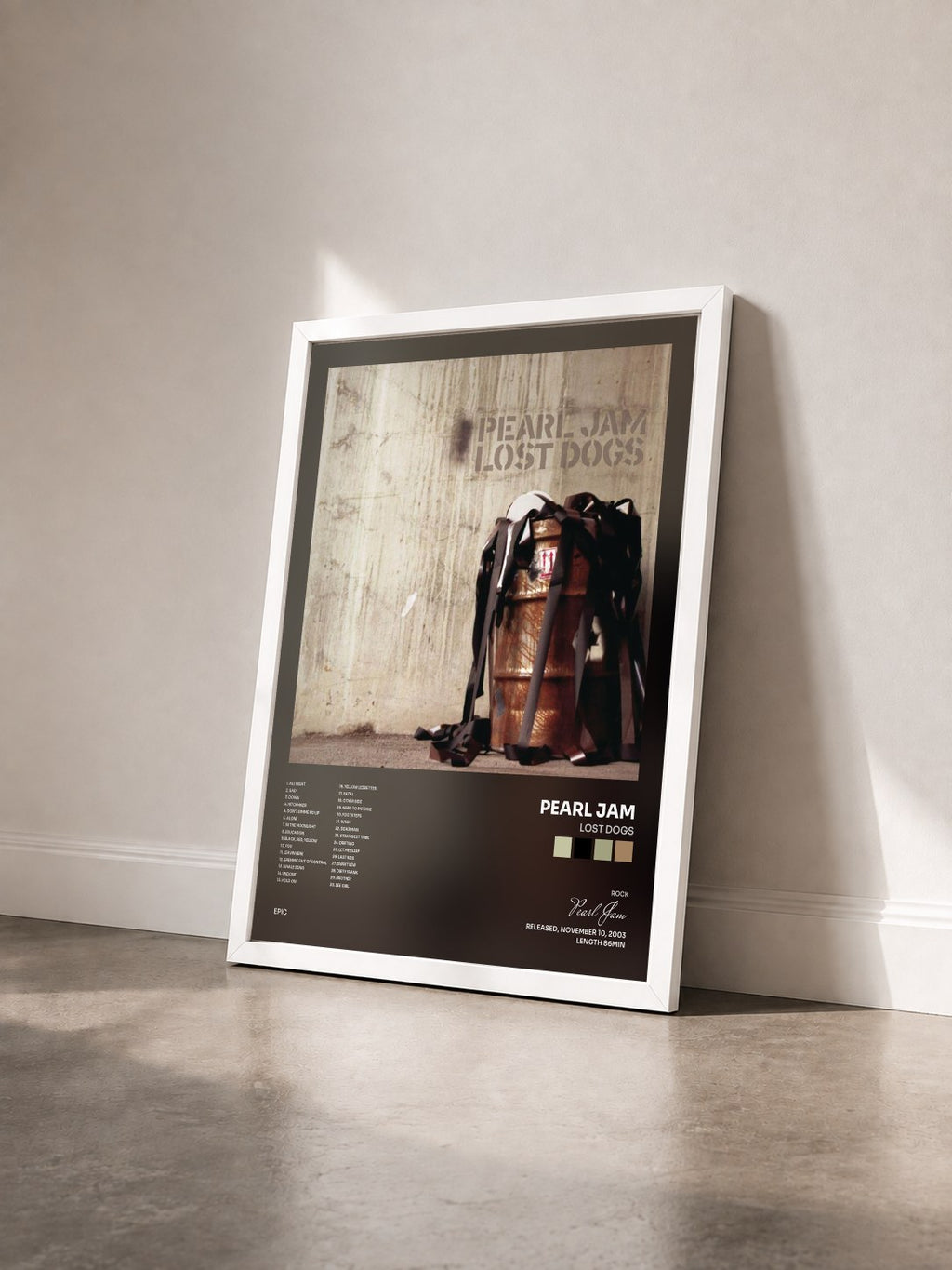#blanc Tableau de l'album Lost Dogs de Pearl Jam vu de trois quarts, cadre blanc
