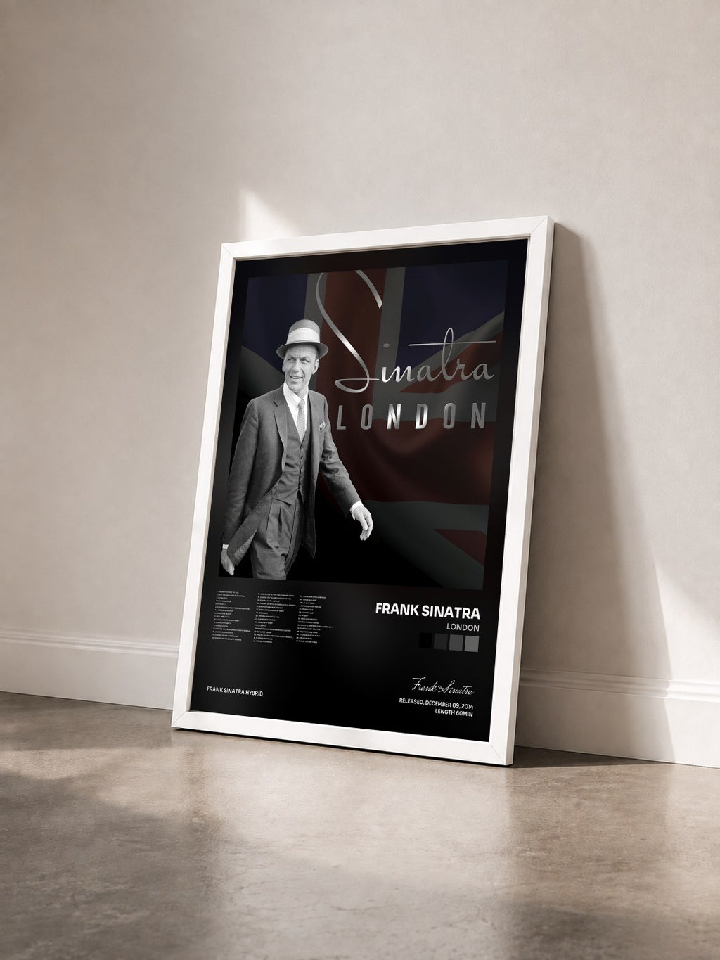 #blanc Tableau de l'album London de Frank Sinatra vu de trois quarts, cadre blanc