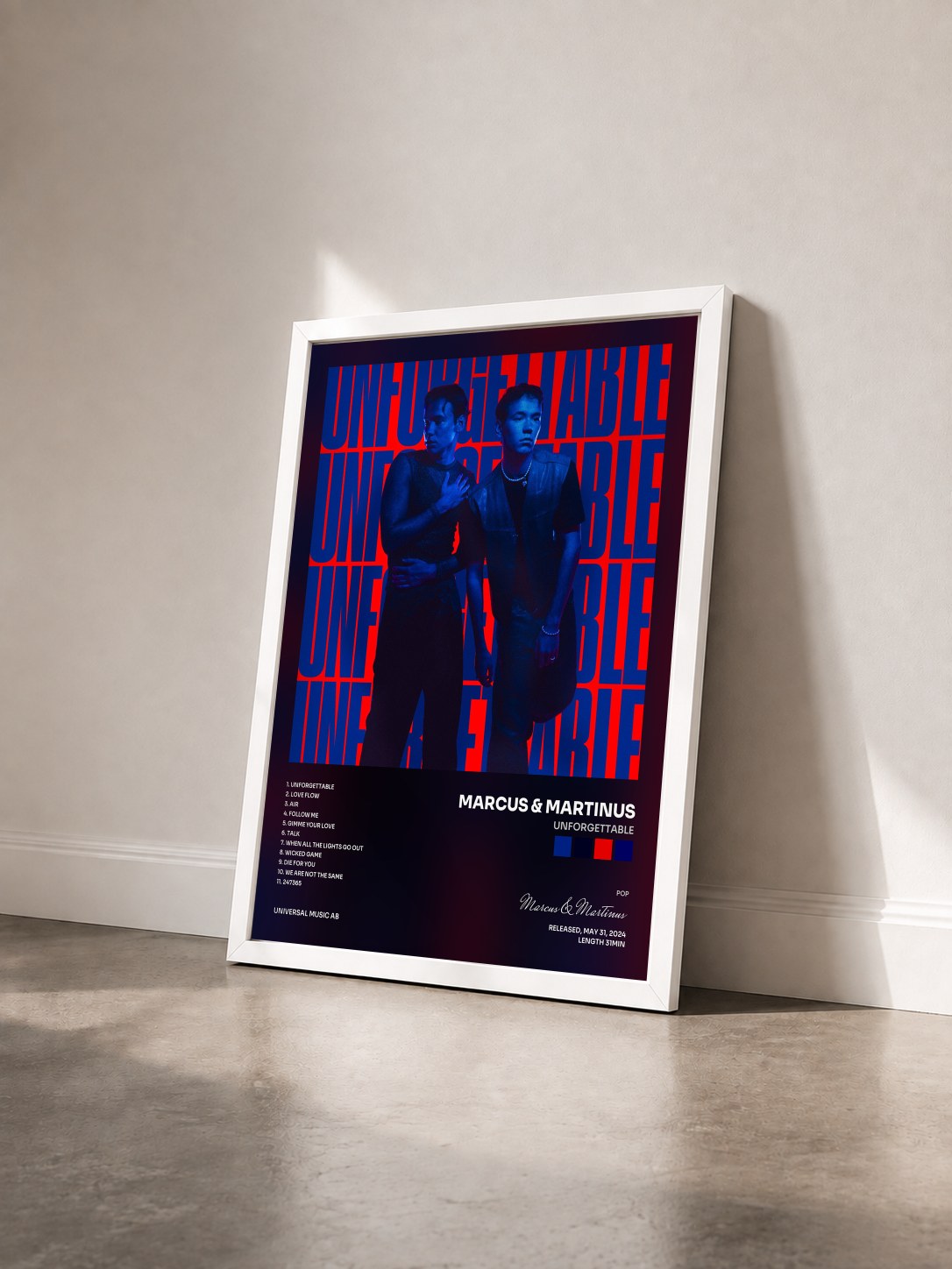 #blanc Tableau de l'album Unforgettable de Marcus & Martinus vu de trois quarts, cadre blanc