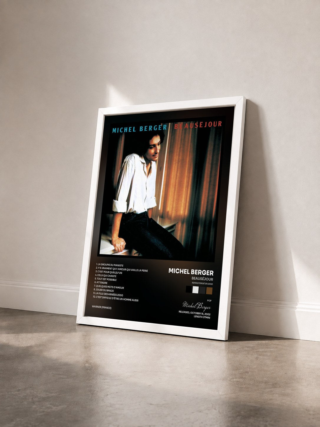 #blanc Tableau de l'album Beauséjour (Remasterisé en 2002) de Michel Berger vu de trois quarts, cadre blanc