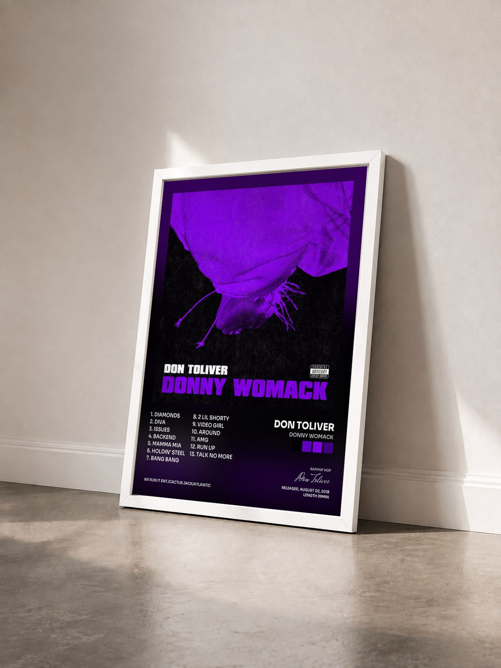 #blanc Donny Womack by Don Toliver as a framed art print seen at an angle, white frame