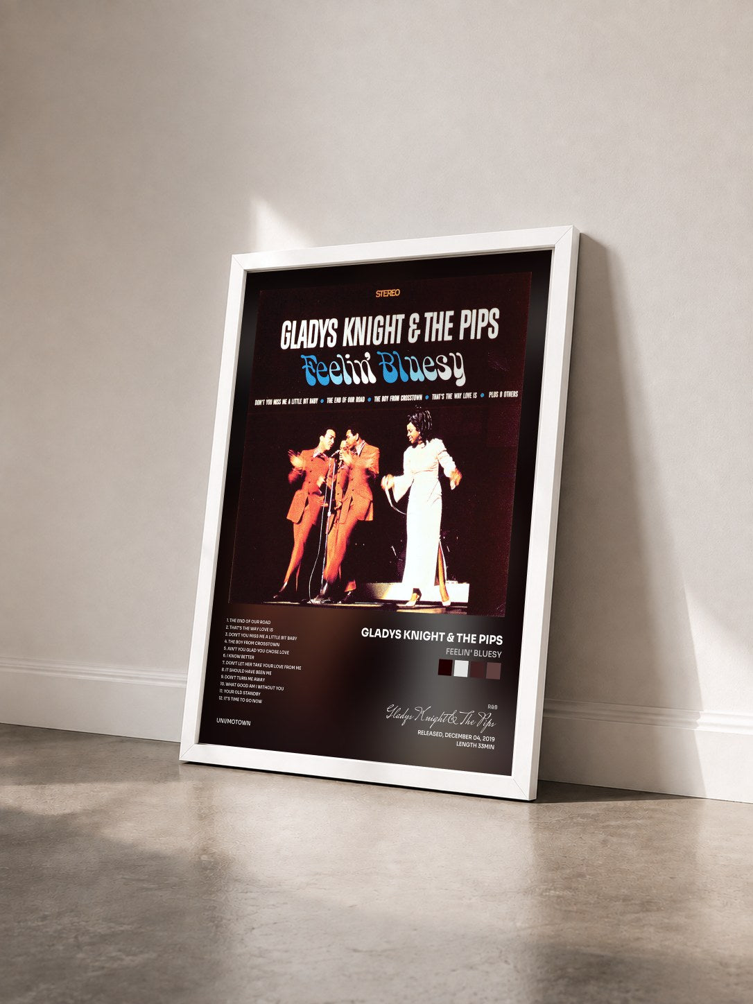 #blanc Tableau de l'album Feelin' Bluesy de Gladys Knight & The Pips vu de trois quarts, cadre blanc