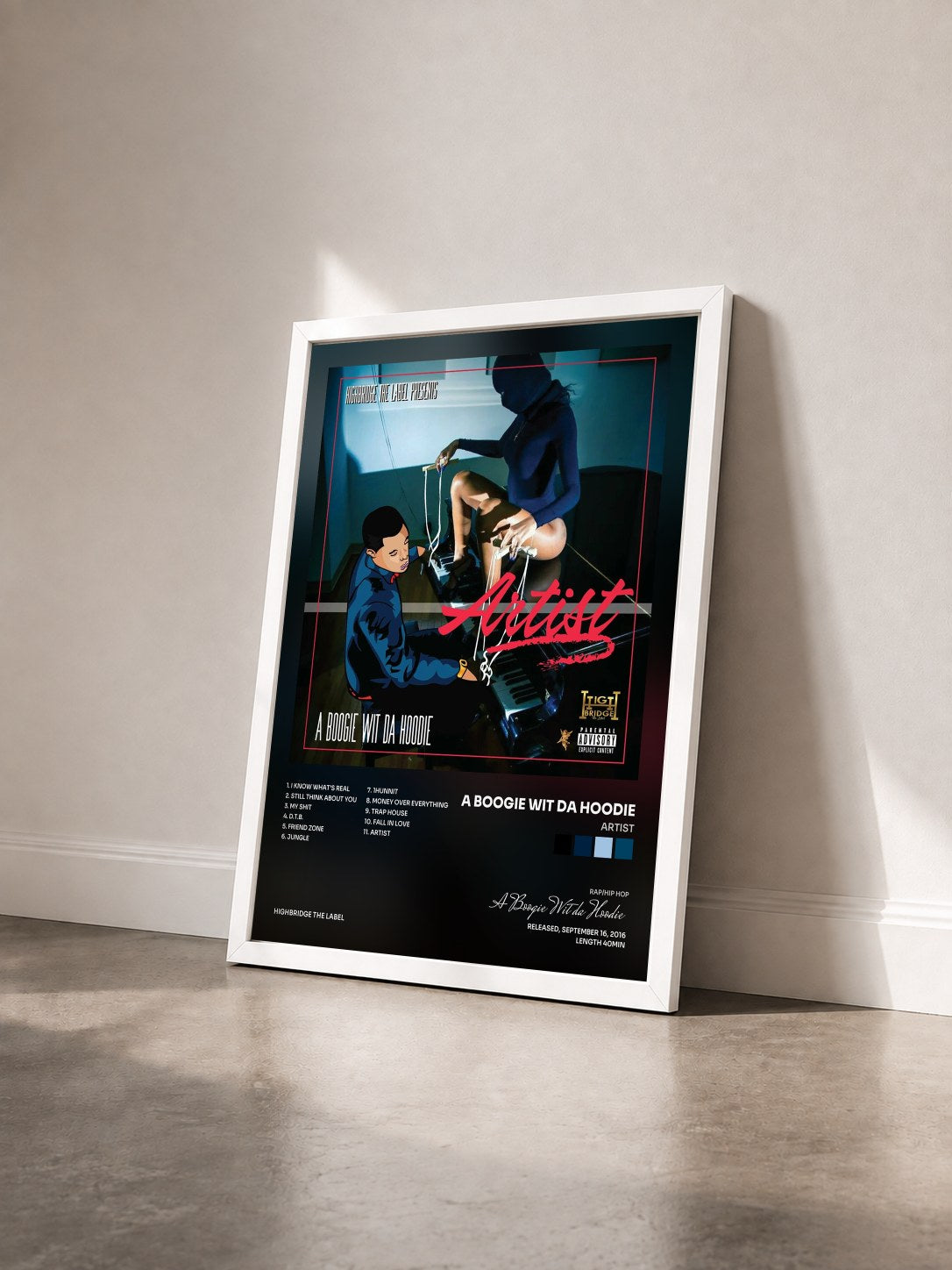 #blanc Tableau de l'album Artist de A Boogie Wit da Hoodie vu de trois quarts, cadre blanc