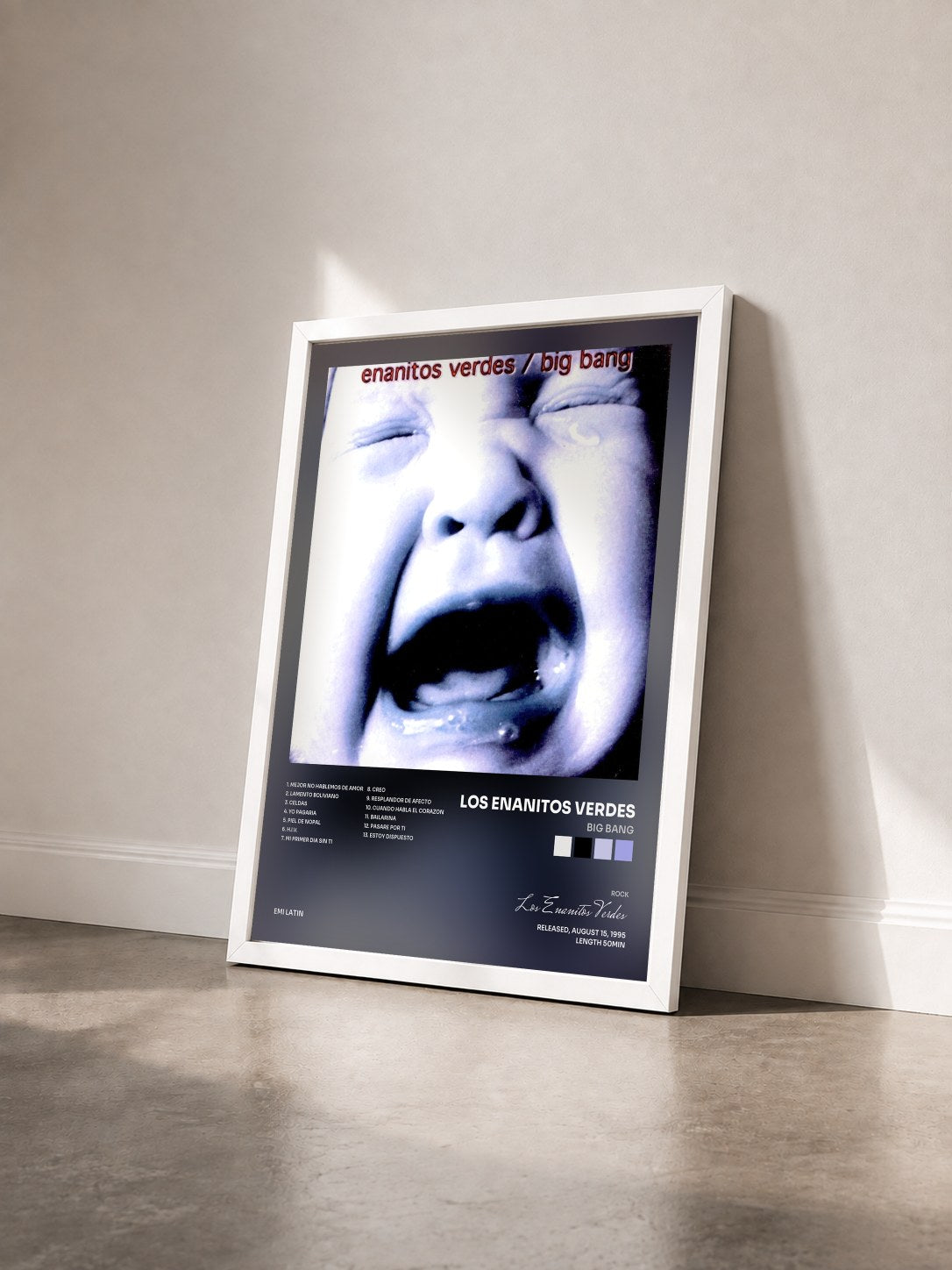 #blanc Tableau de l'album Big Bang de Los Enanitos Verdes vu de trois quarts, cadre blanc