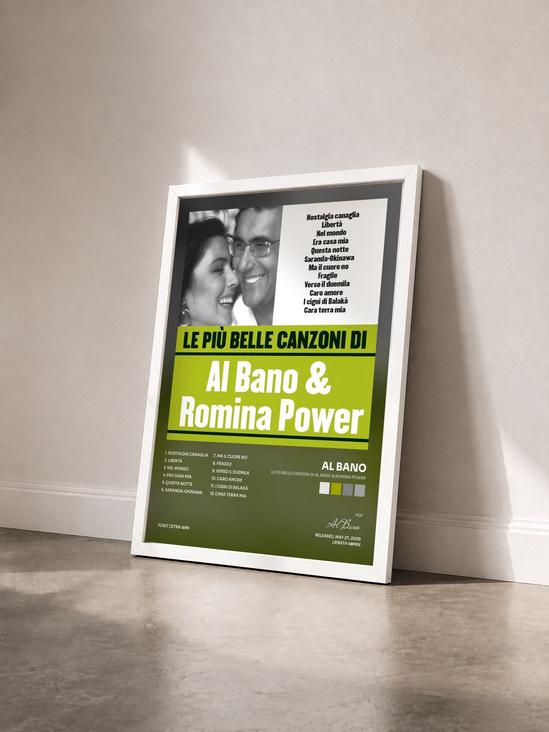 #blanc Tableau de l'album Le più belle canzoni di Al Bano & Romina Power de Al Bano vu de trois quarts, cadre blanc