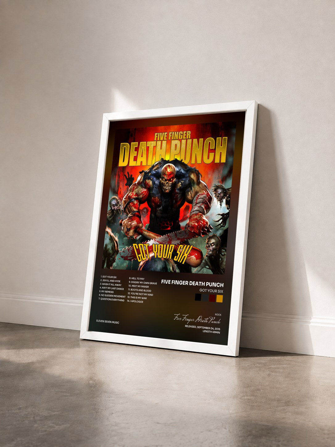 #blanc Tableau de l'album Got Your Six de Five Finger Death Punch vu de trois quarts, cadre blanc