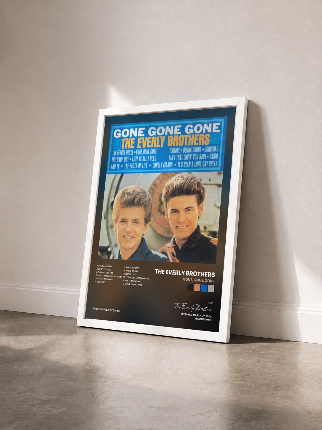 #blanc Tableau de l'album Gone, Gone, Gone de The Everly Brothers vu de trois quarts, cadre blanc