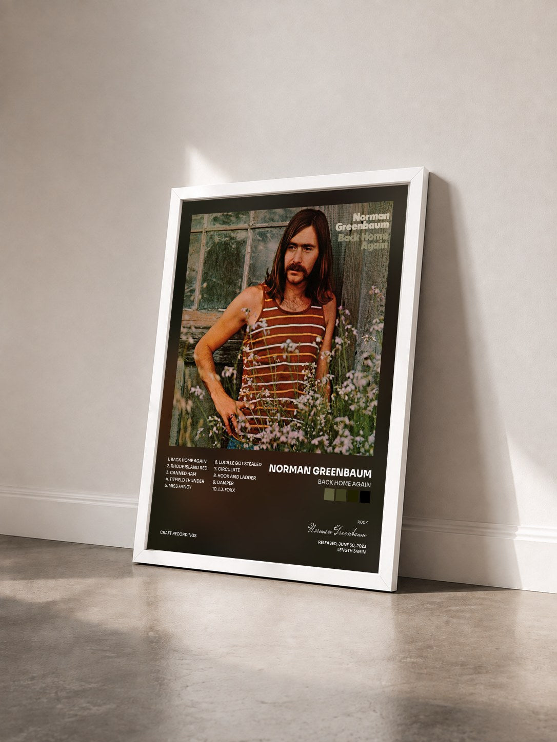 #blanc Tableau de l'album Back Home Again de Norman Greenbaum vu de trois quarts, cadre blanc