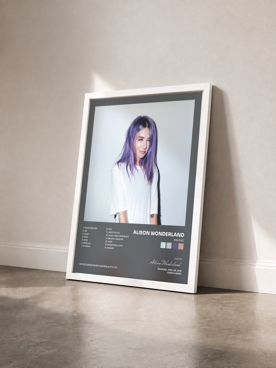 #blanc Tableau de l'album Awake de Alison Wonderland vu de trois quarts, cadre blanc