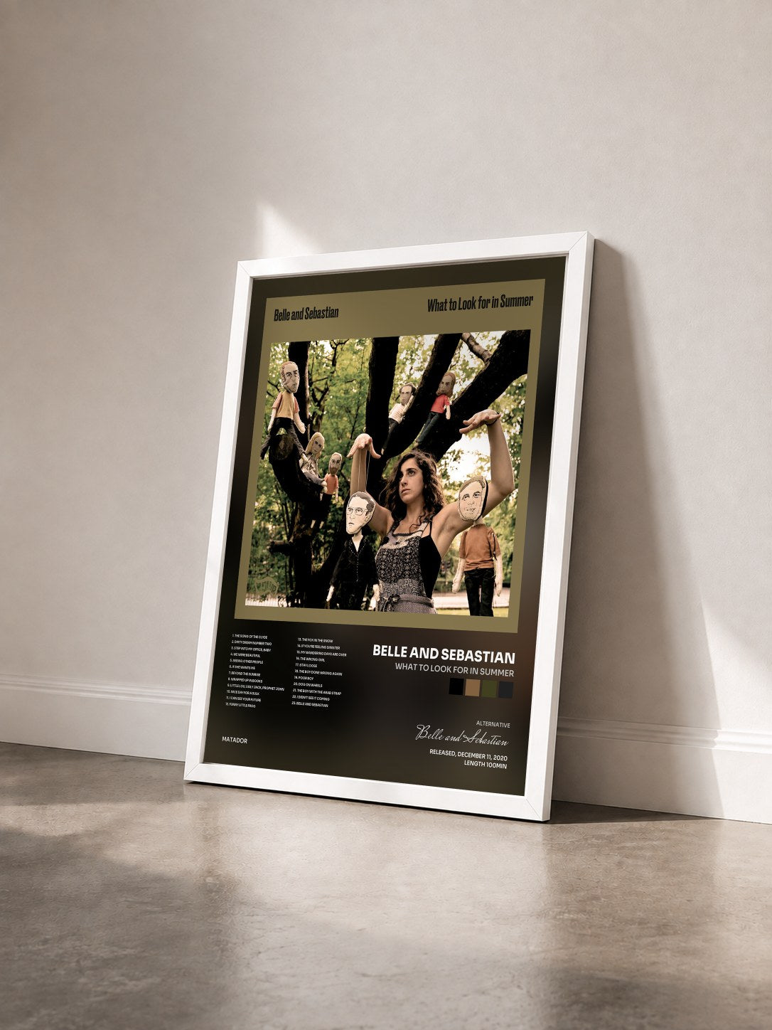 #blanc Tableau de l'album What to Look for in Summer de Belle and Sebastian vu de trois quarts, cadre blanc