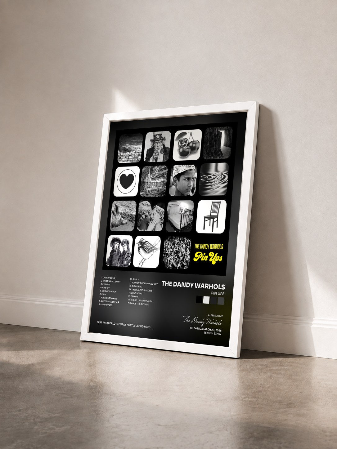 #blanc Tableau de l'album Pin Ups de The Dandy Warhols vu de trois quarts, cadre blanc